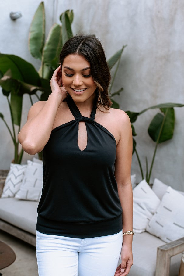 Black Cupro Twist Neck Halter Top-FINAL SALE