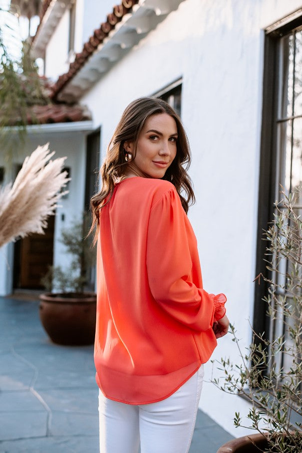 Coral Chiffon Surplice Blouse-FINAL SALE