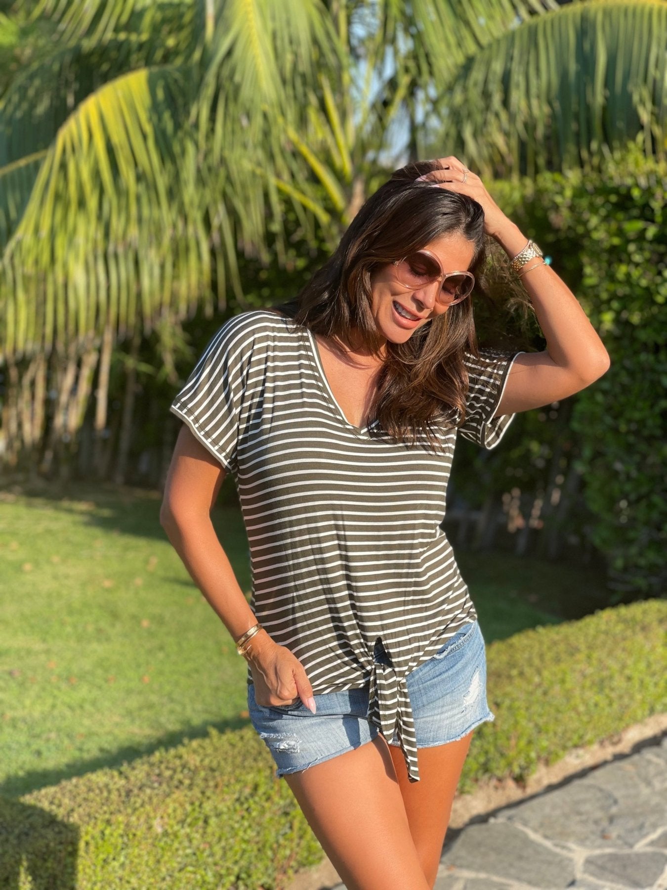 Olive and White Striped Tee With Front Tie-FINAL SALE