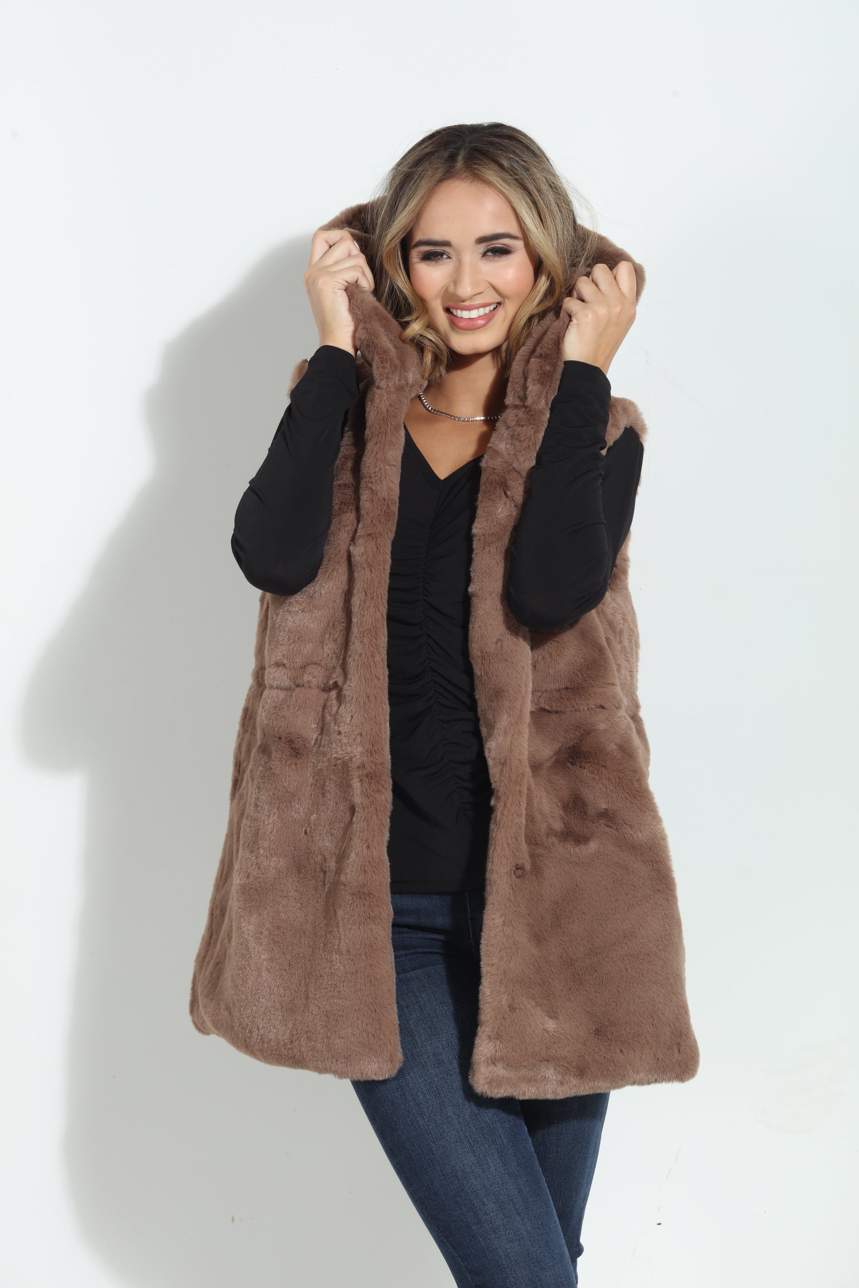 Tan Faux Fur Hooded Vest-FINAL SALE