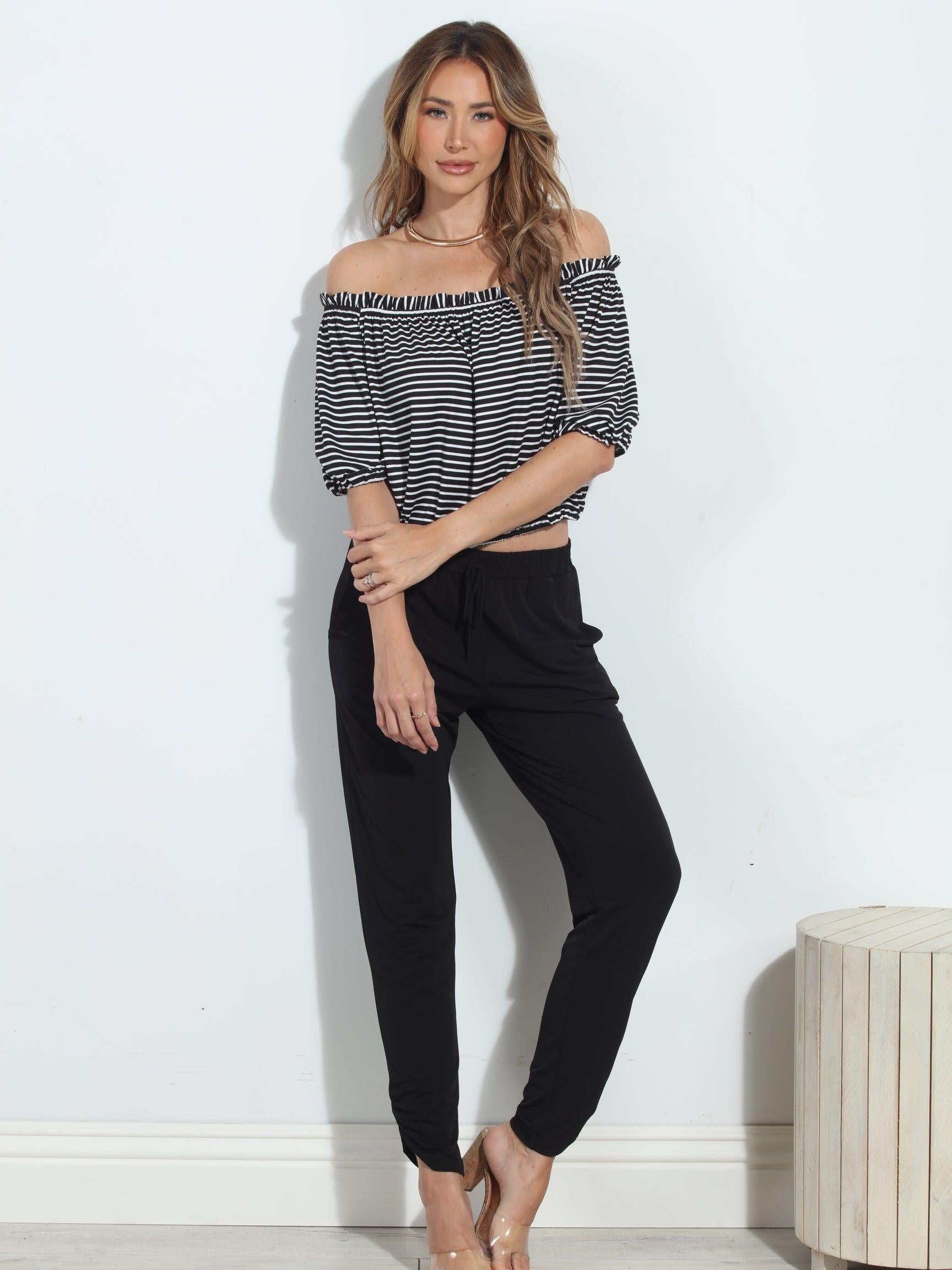 Kenny Stripe Off the Shoulder Mom Cropped Top-FINAL SALE
