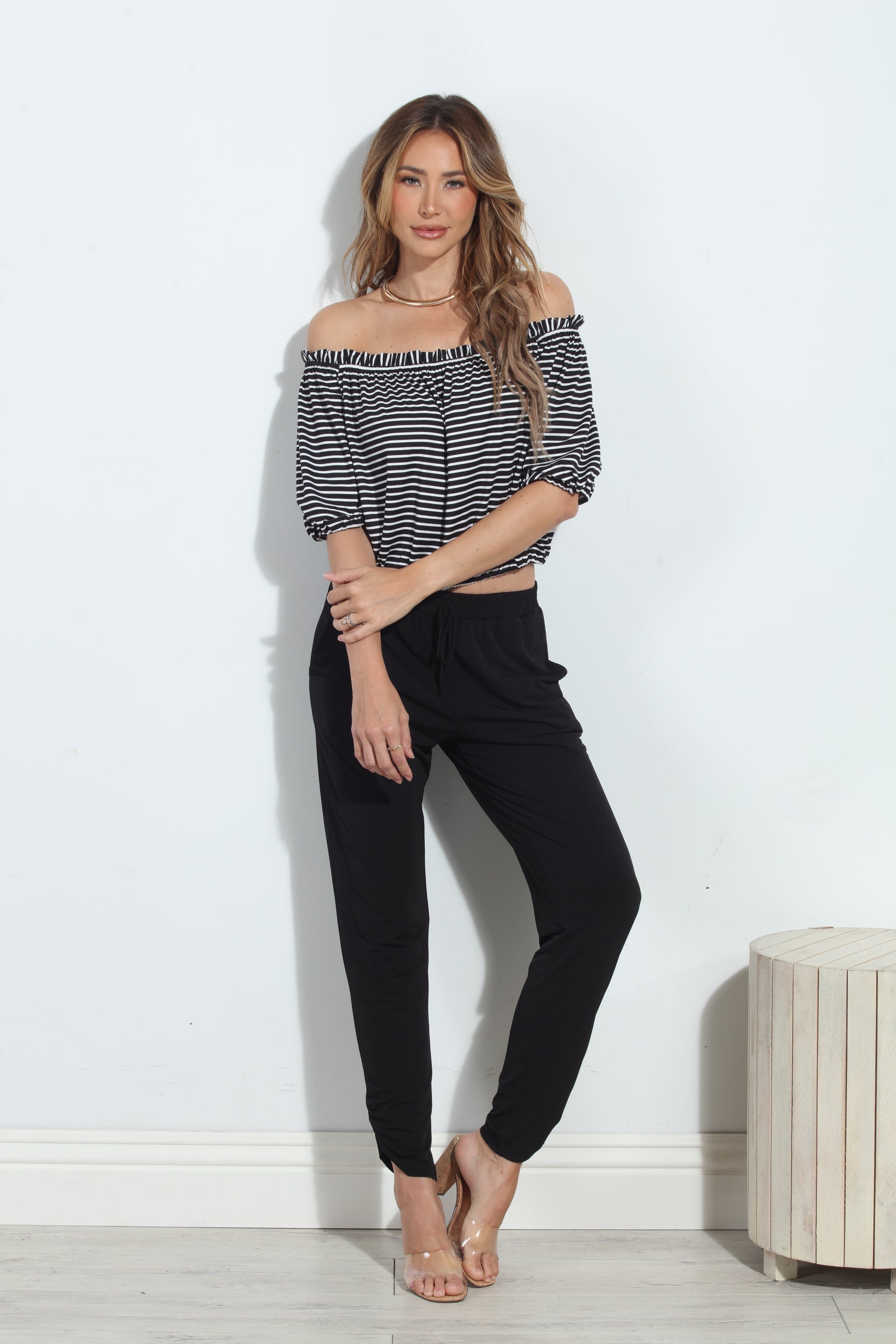 Kenny Stripe Off the Shoulder Mom Cropped Top