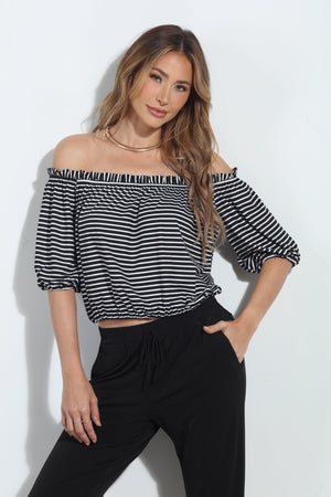Kenny Stripe Off the Shoulder Mom Cropped Top-FINAL SALE