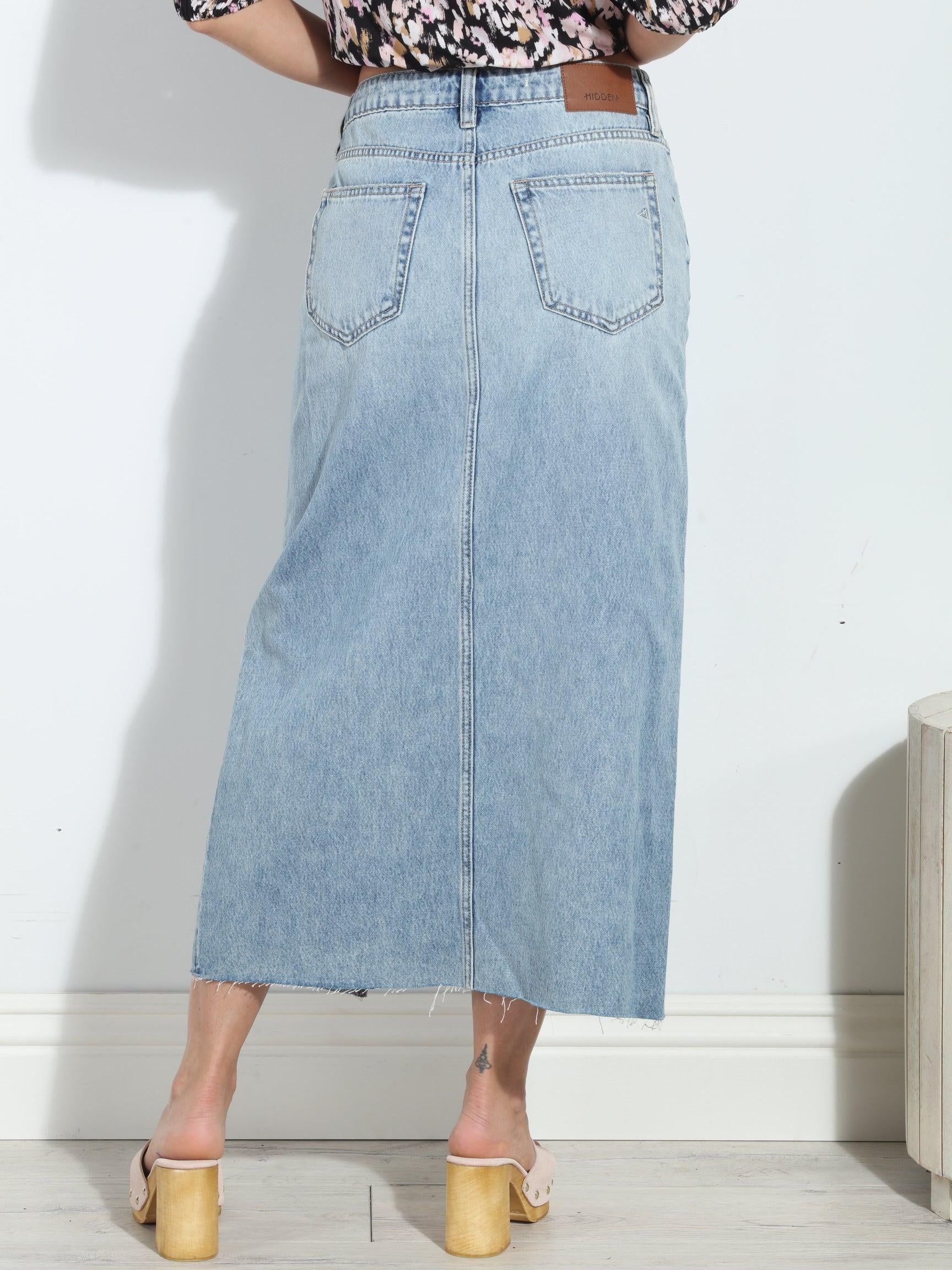 Hidden Peyton Denim Midi Skirt -Light Wash