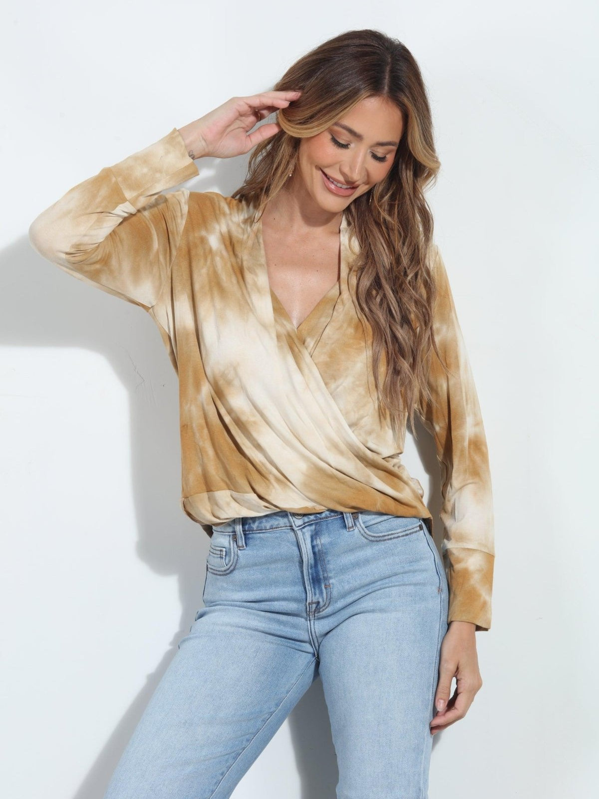 Caramel TD  Cupro Draped Surplice Top - FINAL SALE