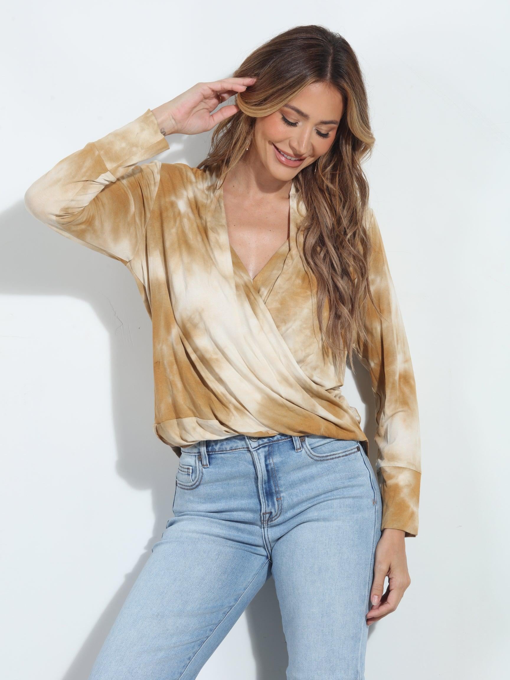 Caramel TD  Cupro Draped Surplice Top - FINAL SALE