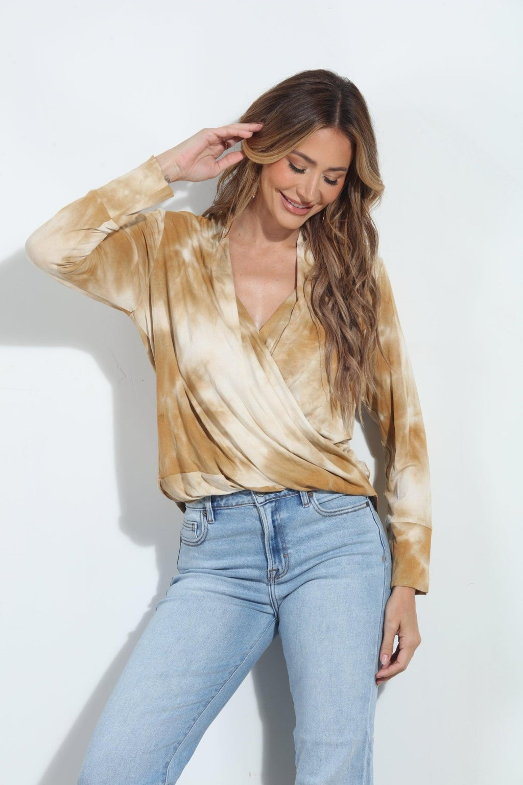 Caramel TD  Cupro Draped Surplice Top - FINAL SALE
