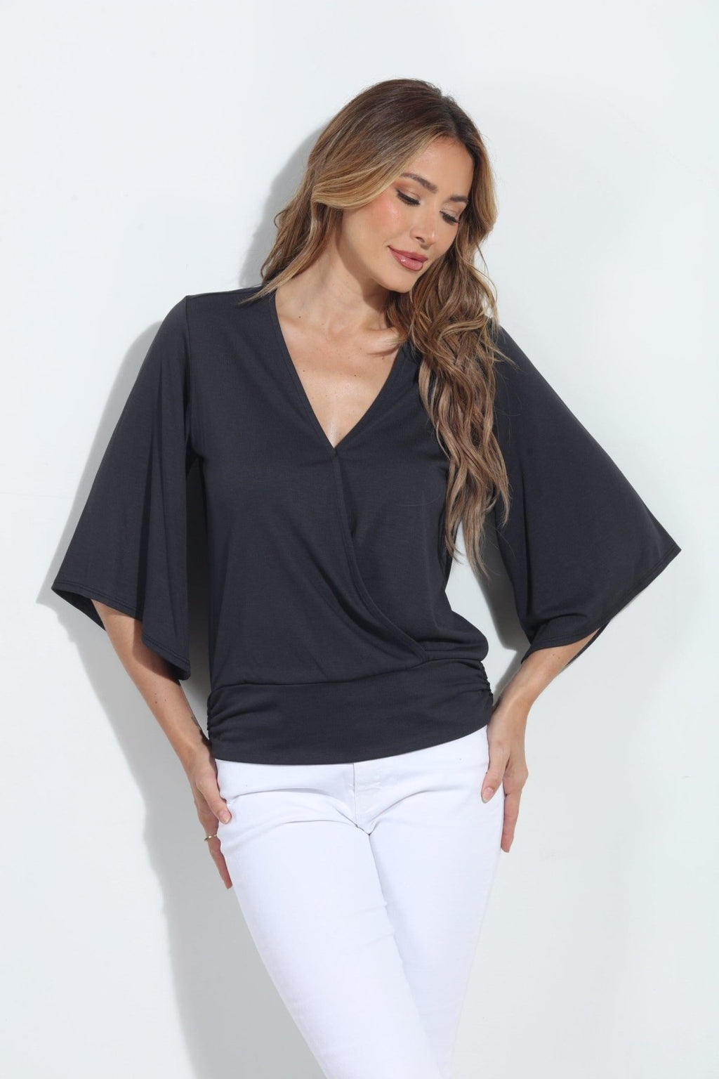 Dark Grey Cupro Stretch Banded Kimono Top