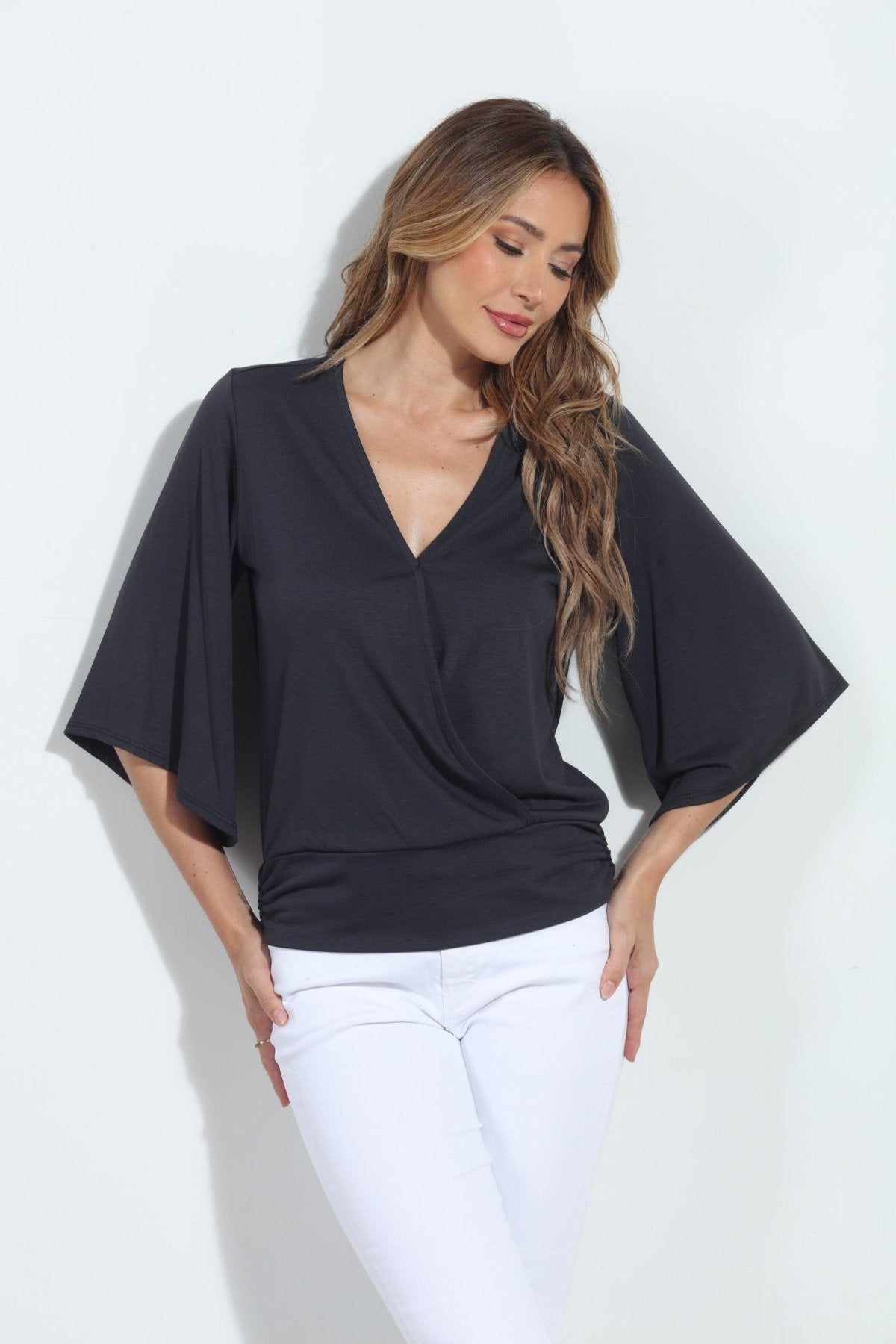 Dark Grey Cupro Stretch Banded Kimono Top