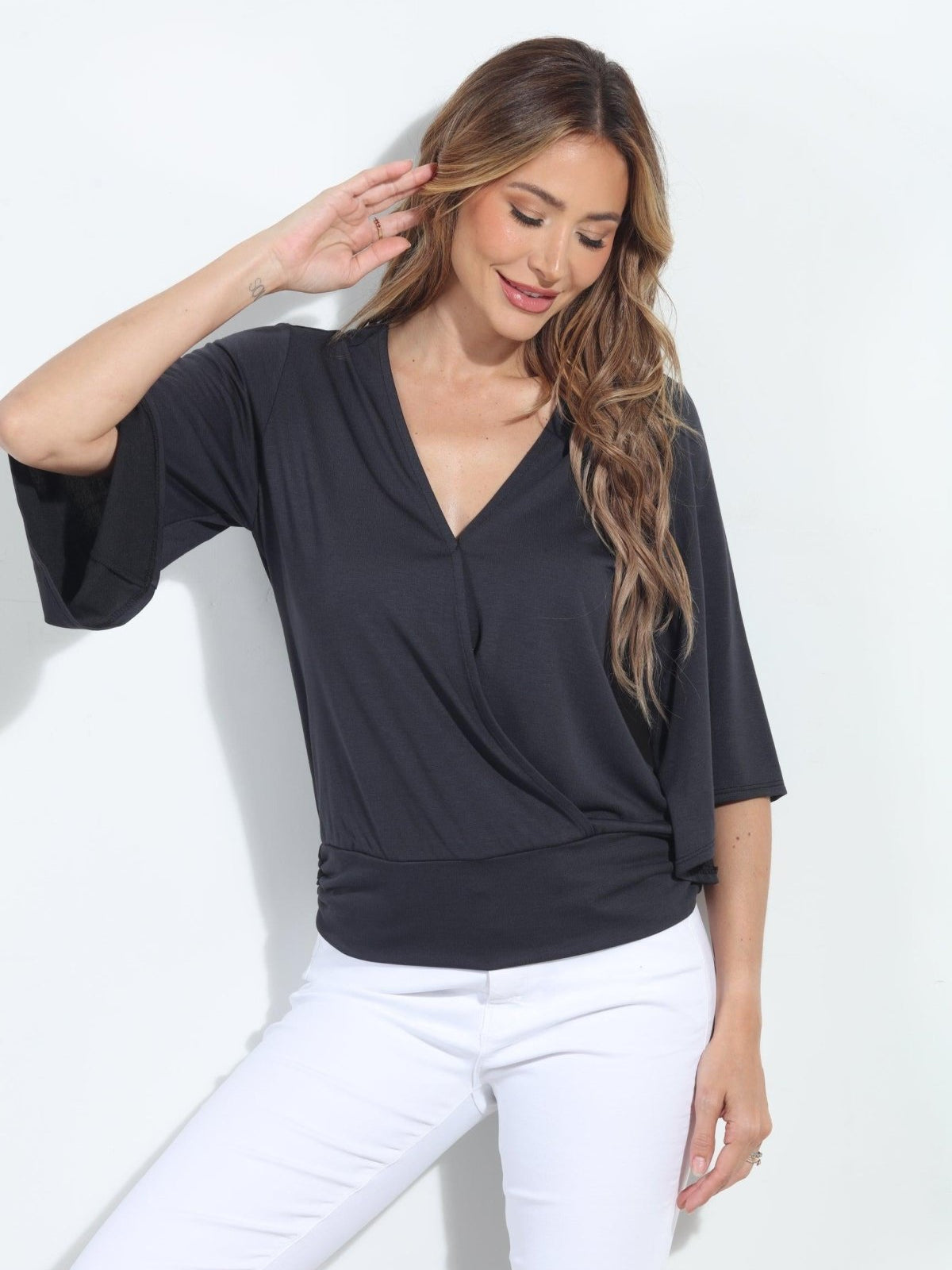 Dark Grey Cupro Stretch Banded Kimono Top