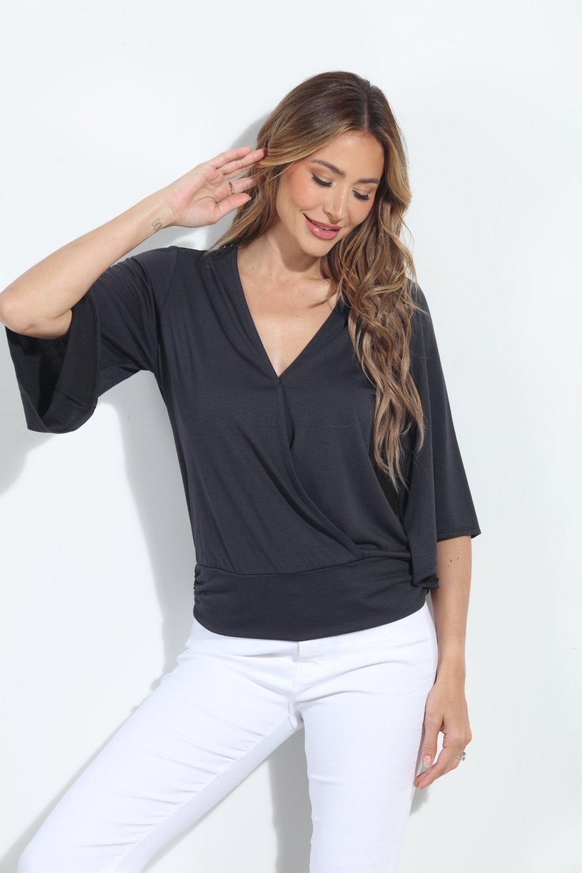 Dark Grey Cupro Stretch Banded Kimono Top