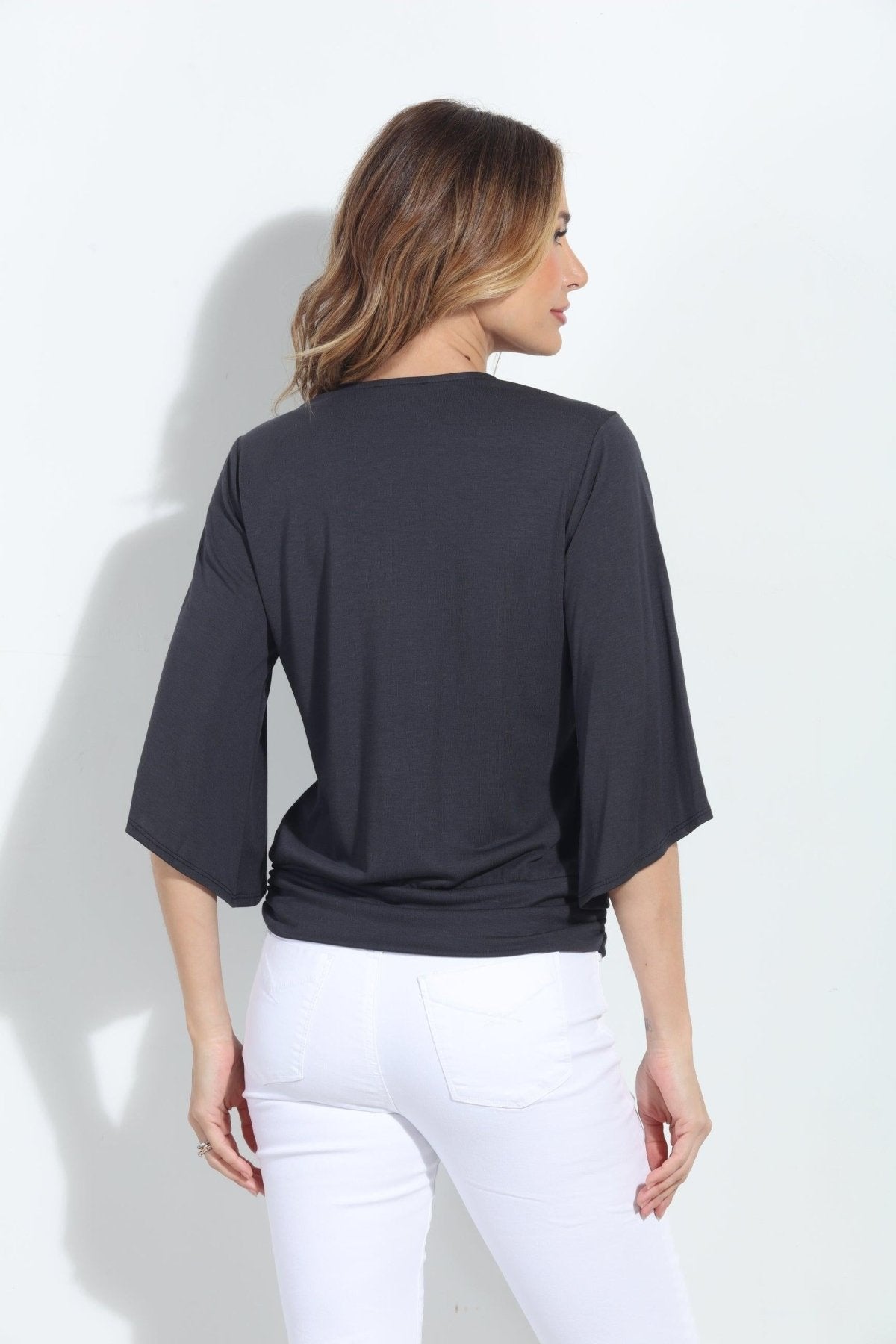 Dark Grey Cupro Stretch Banded Kimono Top