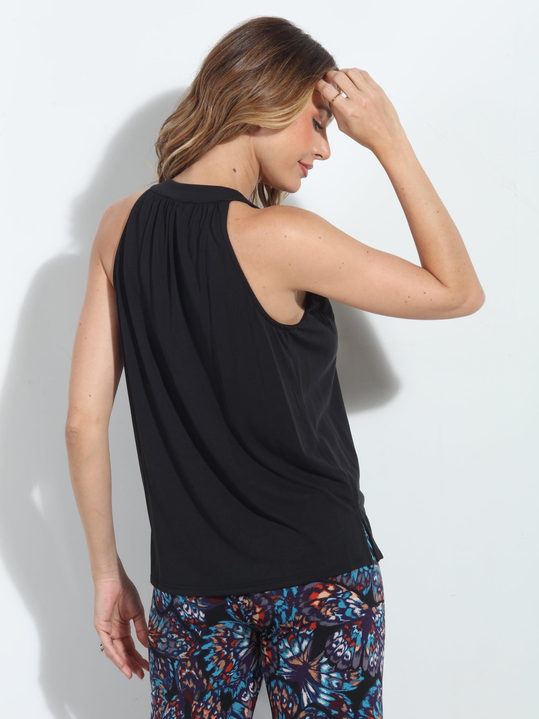 Black Cupro Split Neck Top-BEST SELLER