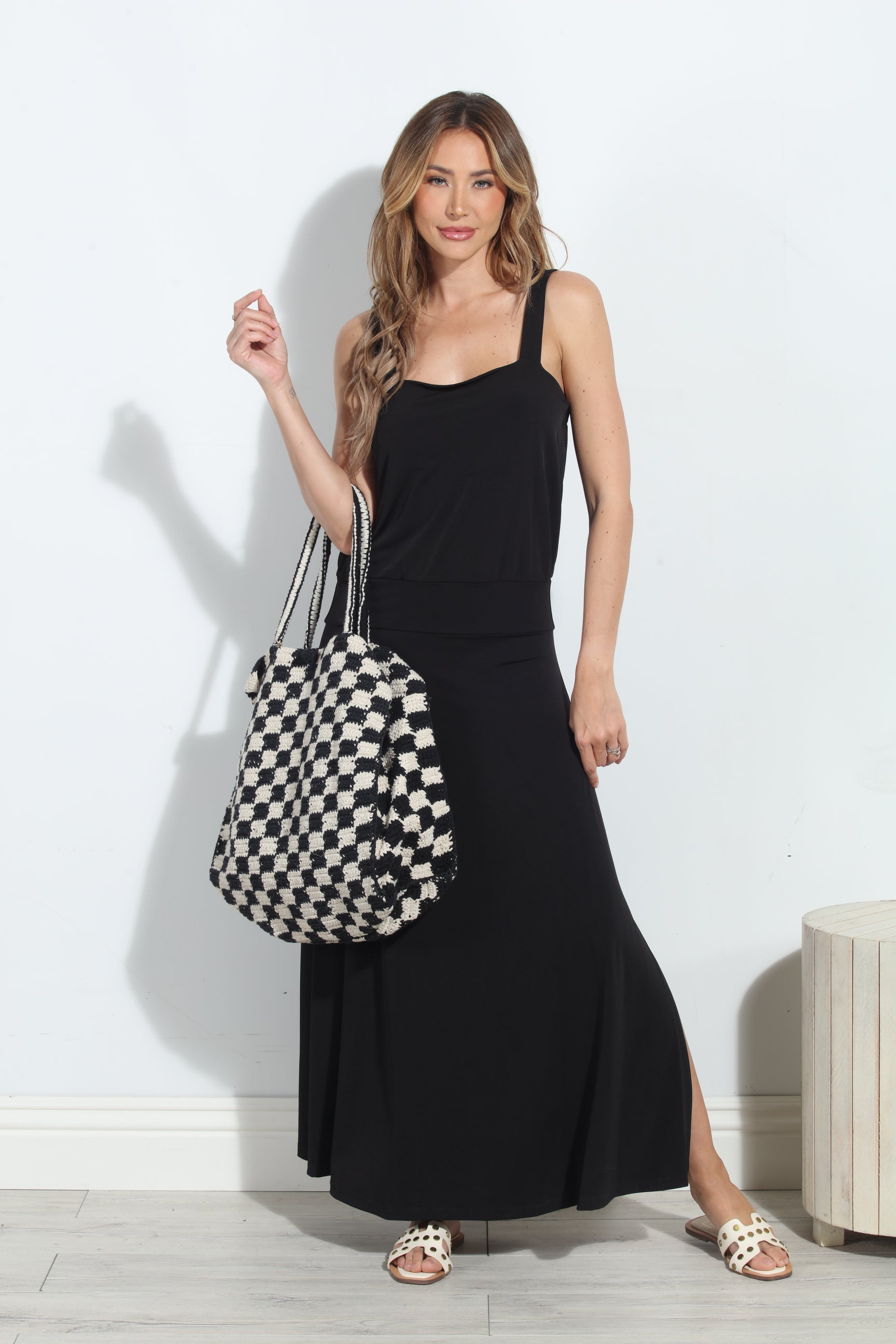 Black Stretch ITY Drop Waist Maxi Tank Dress-BEST SELLER