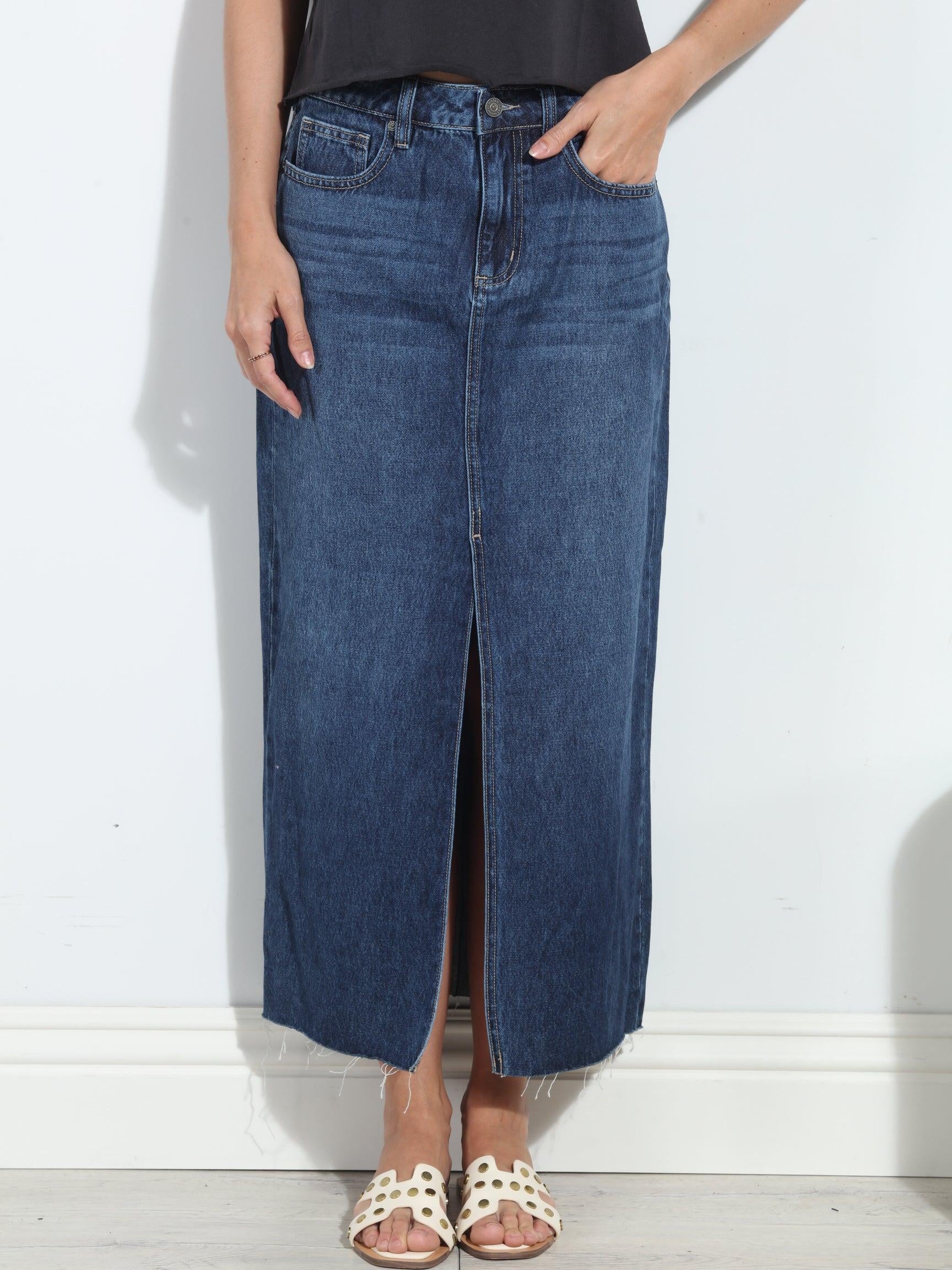 Hidden Peyton Denim Midi Skirt- Dark Wash- FINAL SALE