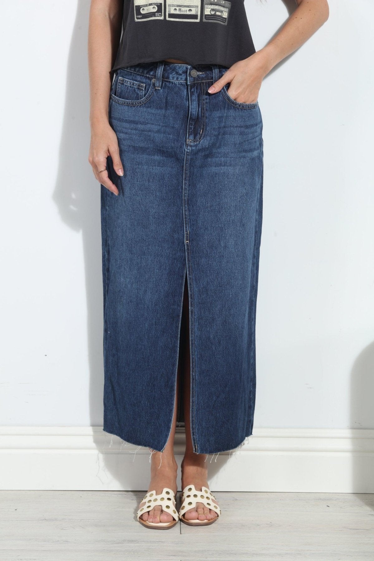 Hidden Peyton Denim Midi Skirt- Dark Wash- FINAL SALE