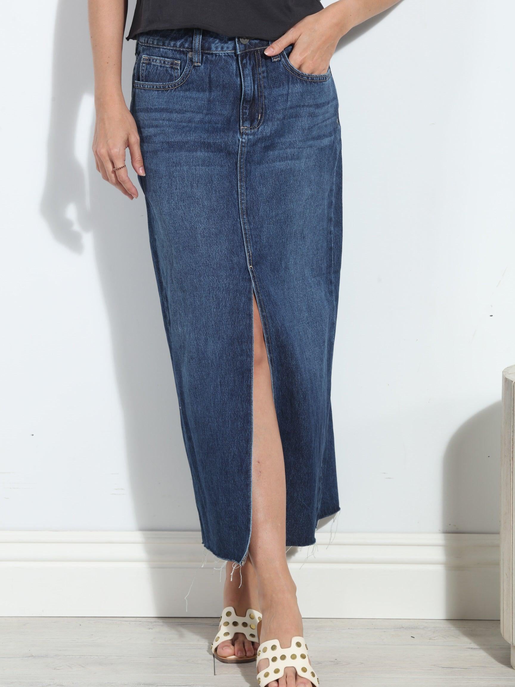 Hidden Peyton Denim Midi Skirt- Dark Wash- FINAL SALE