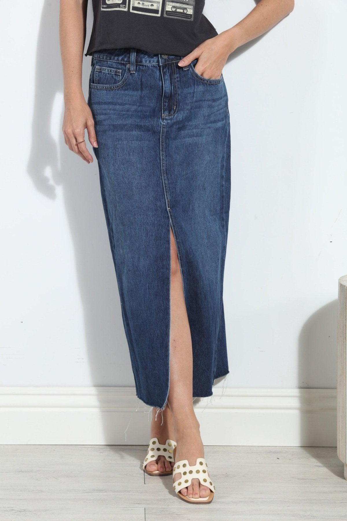 Hidden Peyton Denim Midi Skirt- Dark Wash- FINAL SALE