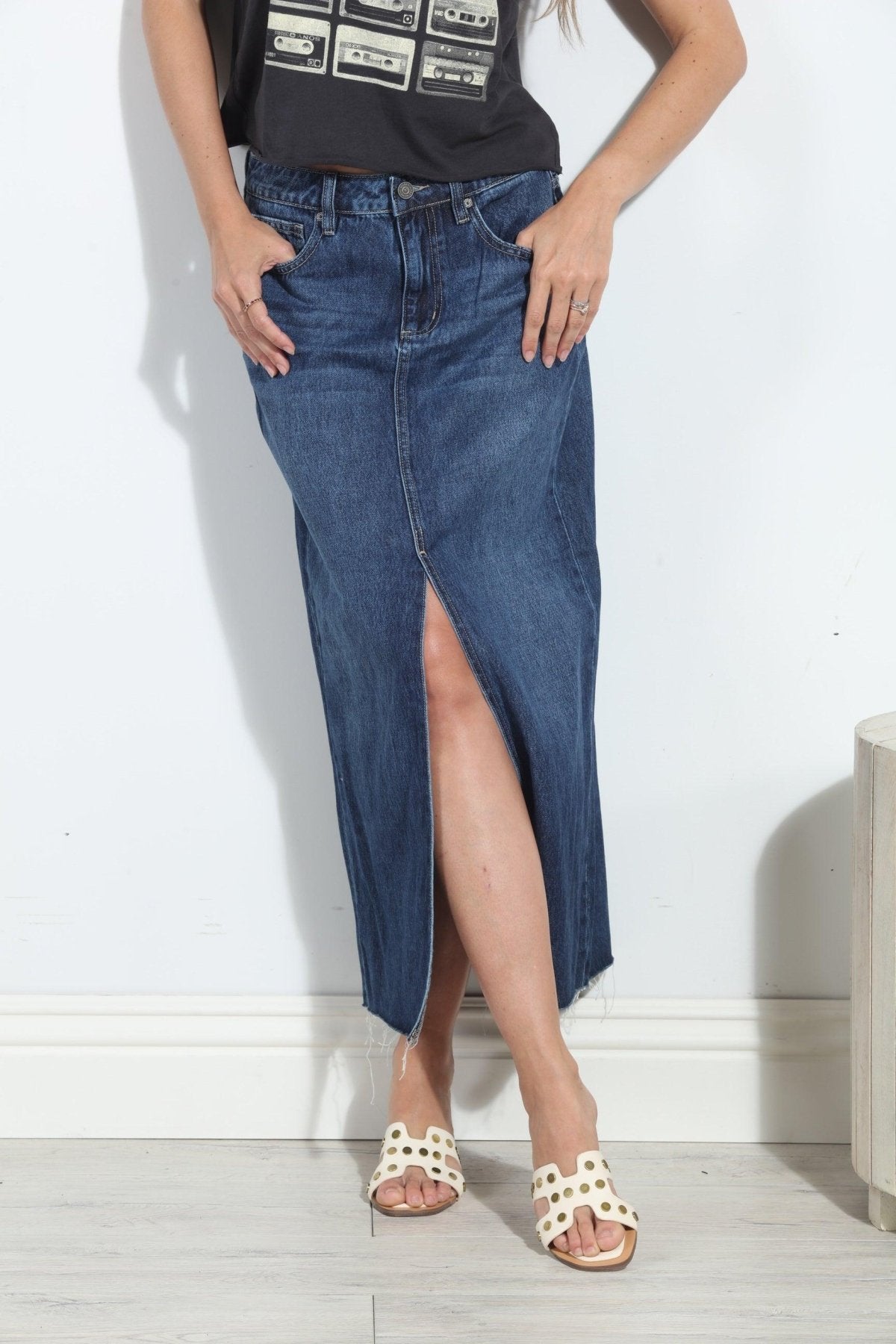 Hidden Peyton Denim Midi Skirt- Dark Wash- FINAL SALE