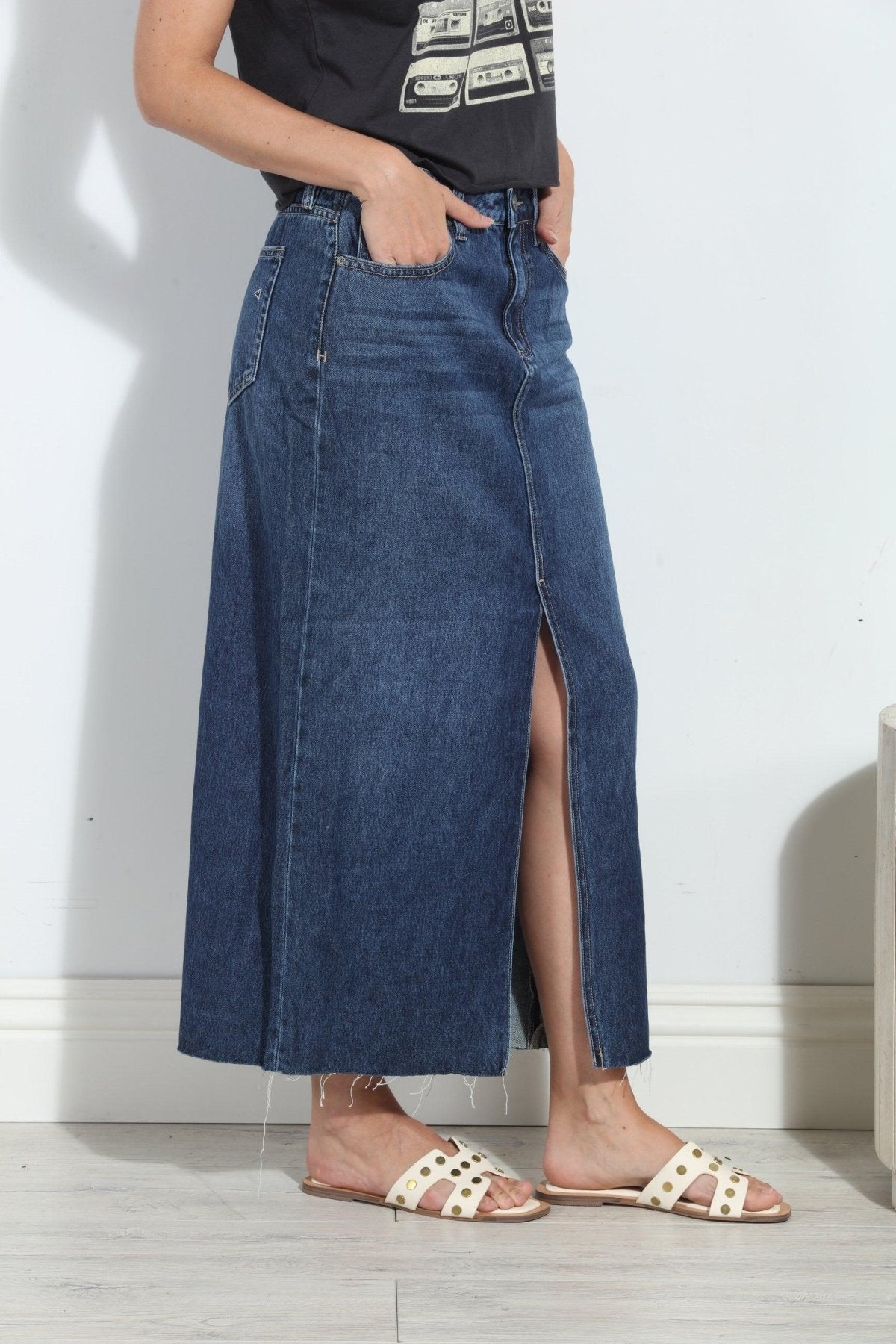 Hidden Peyton Denim Midi Skirt- Dark Wash- FINAL SALE
