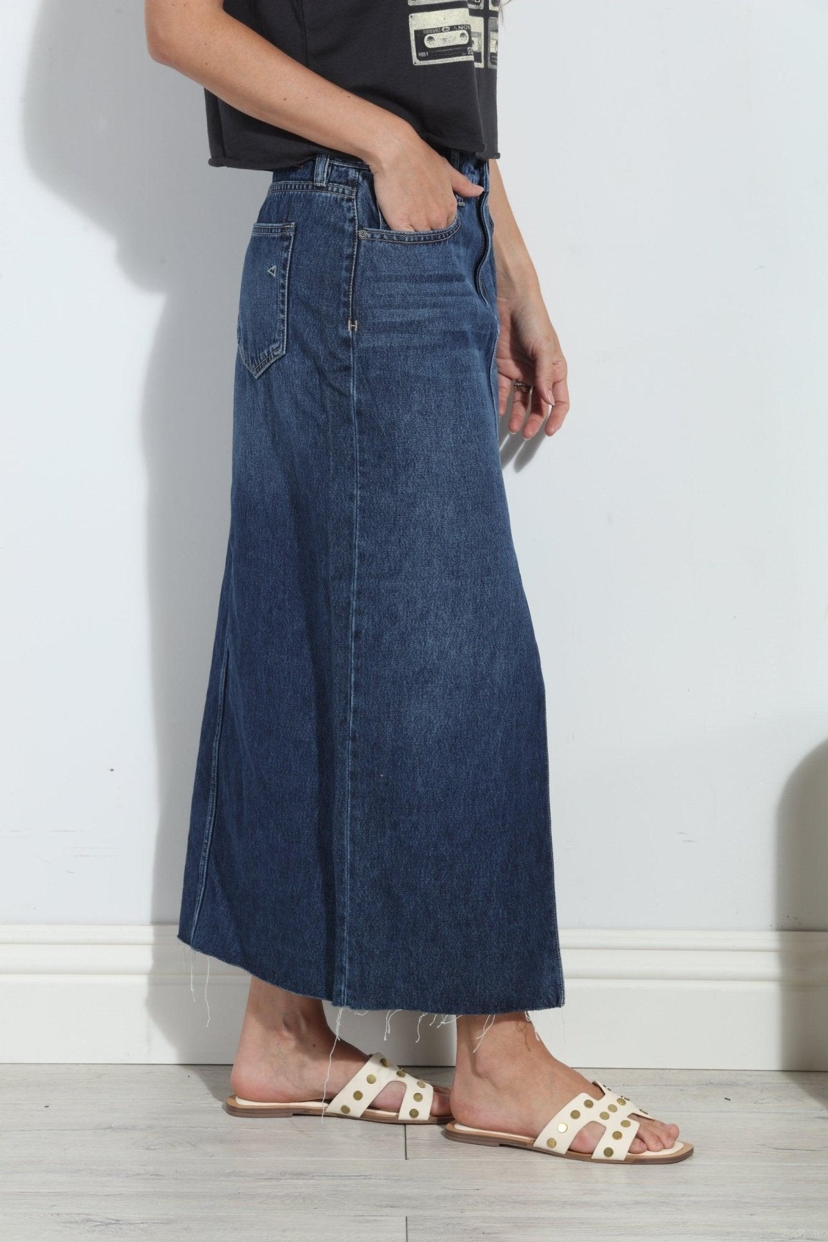 Hidden Peyton Denim Midi Skirt- Dark Wash- FINAL SALE