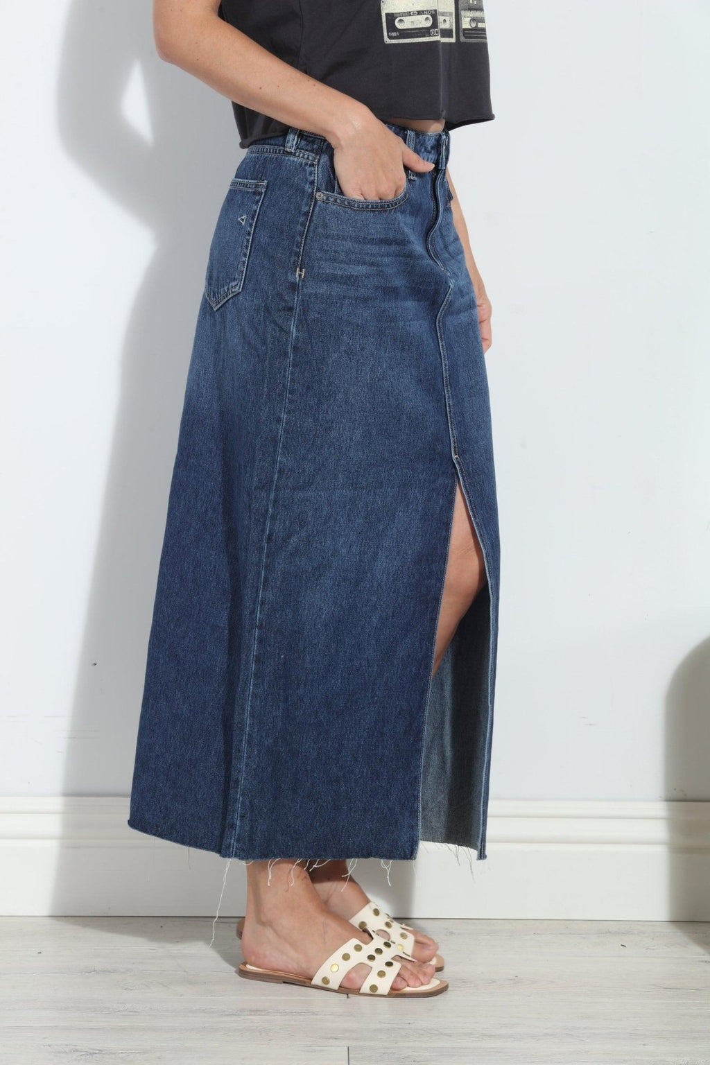 Hidden Peyton Denim Midi Skirt- Dark Wash- FINAL SALE