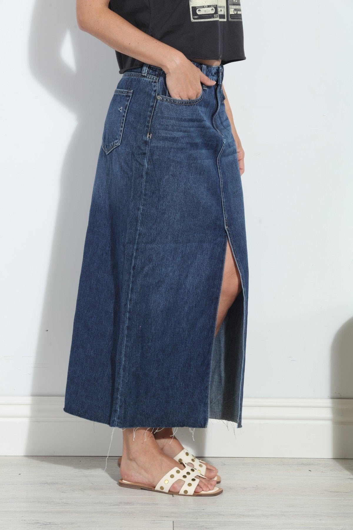 Hidden Peyton Denim Midi Skirt- Dark Wash- FINAL SALE