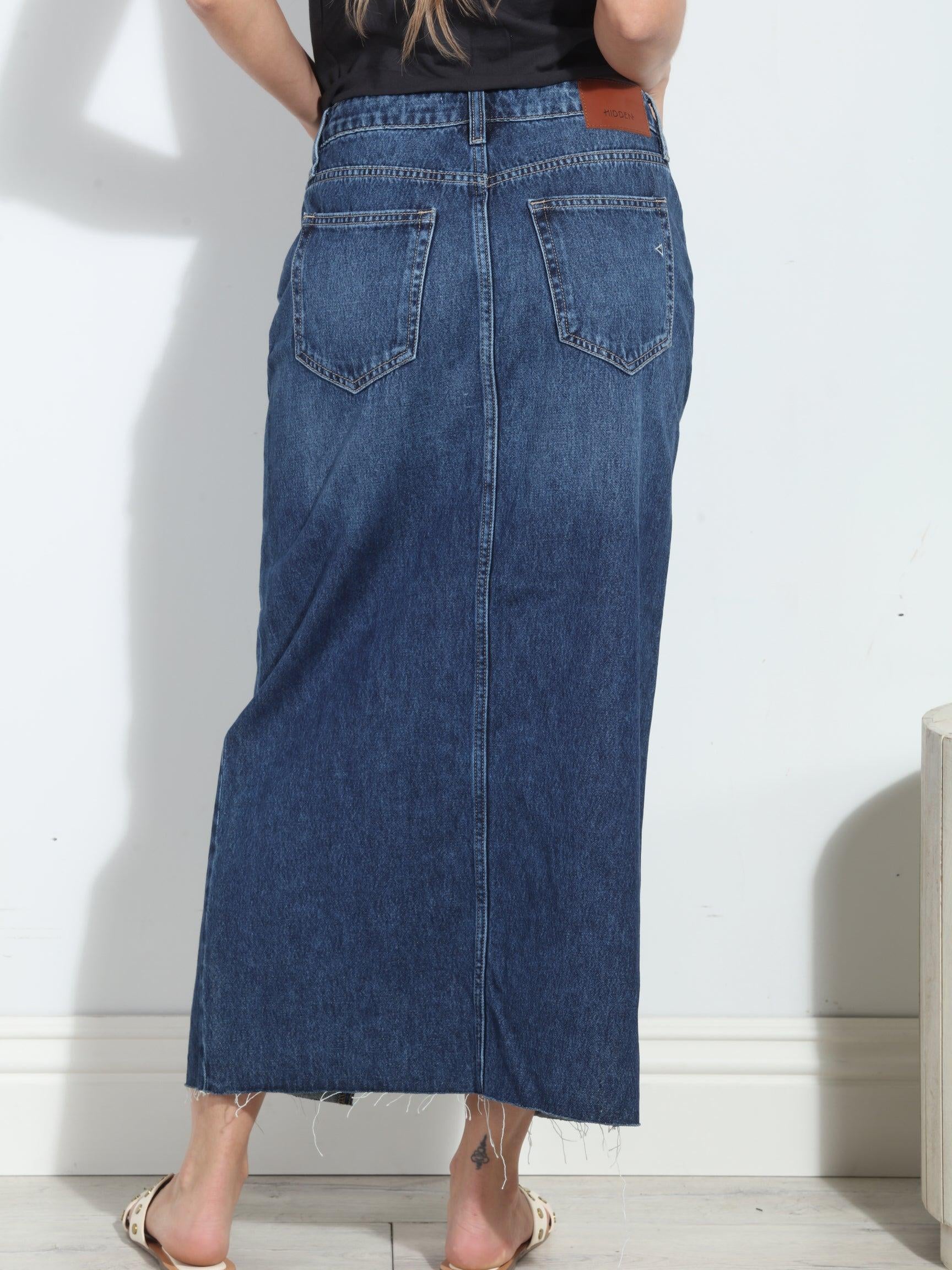 Hidden Peyton Denim Midi Skirt- Dark Wash- FINAL SALE