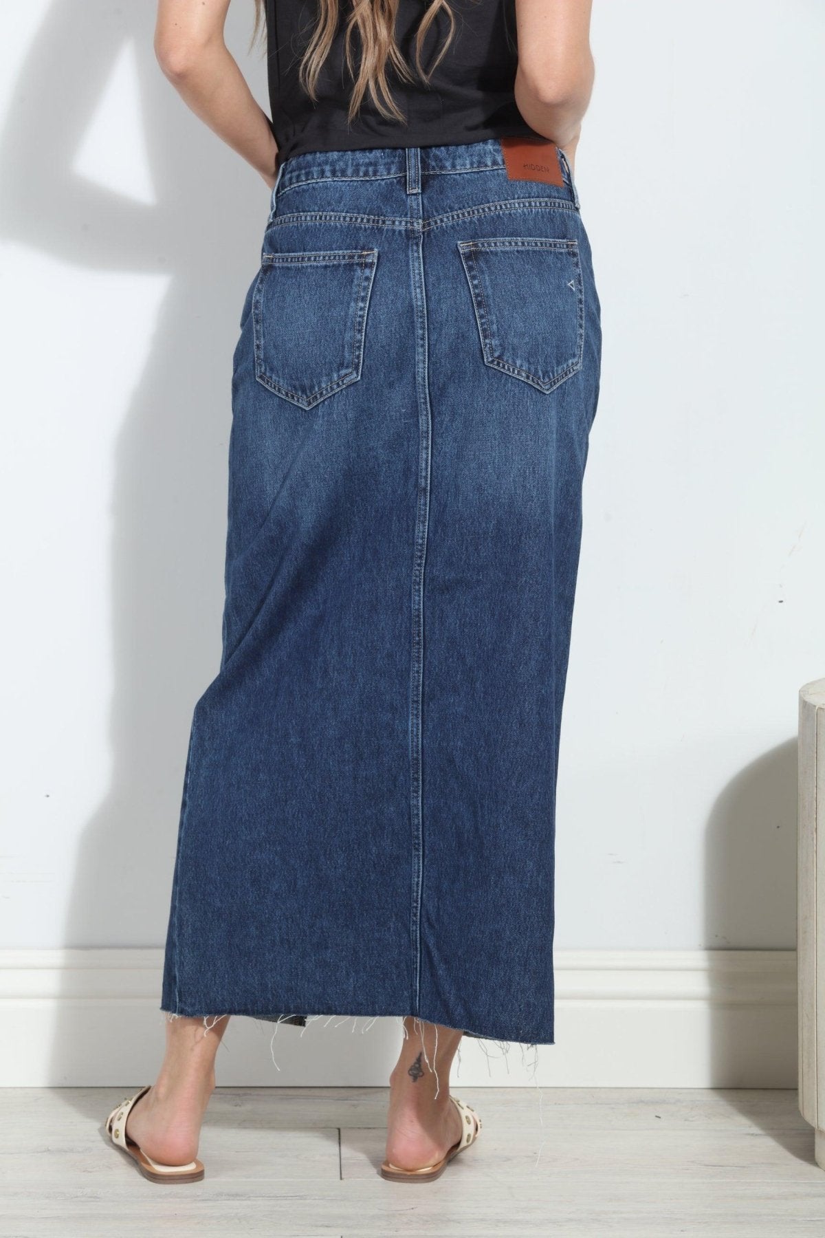 Hidden Peyton Denim Midi Skirt- Dark Wash- FINAL SALE