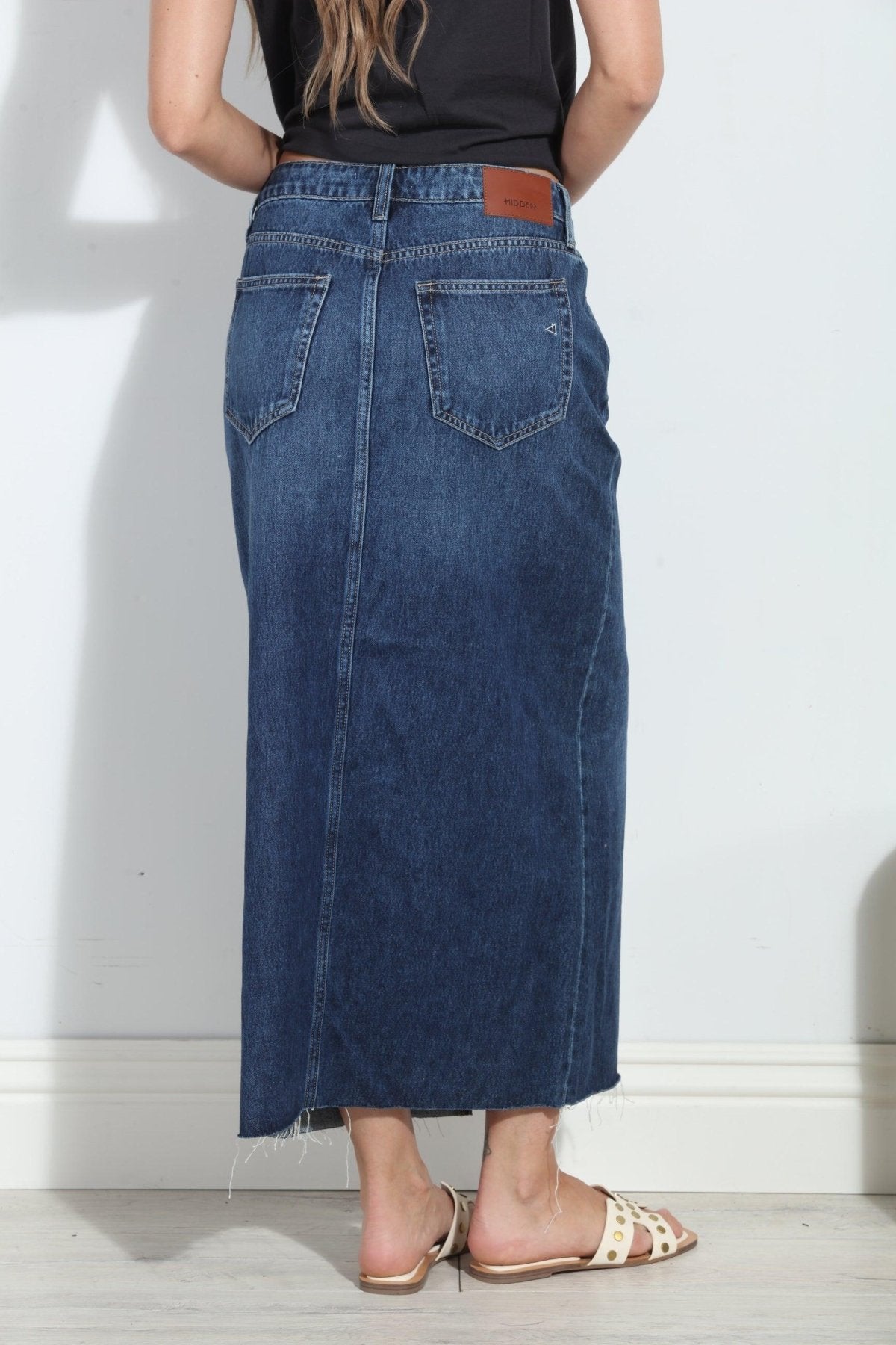 Hidden Peyton Denim Midi Skirt- Dark Wash- FINAL SALE