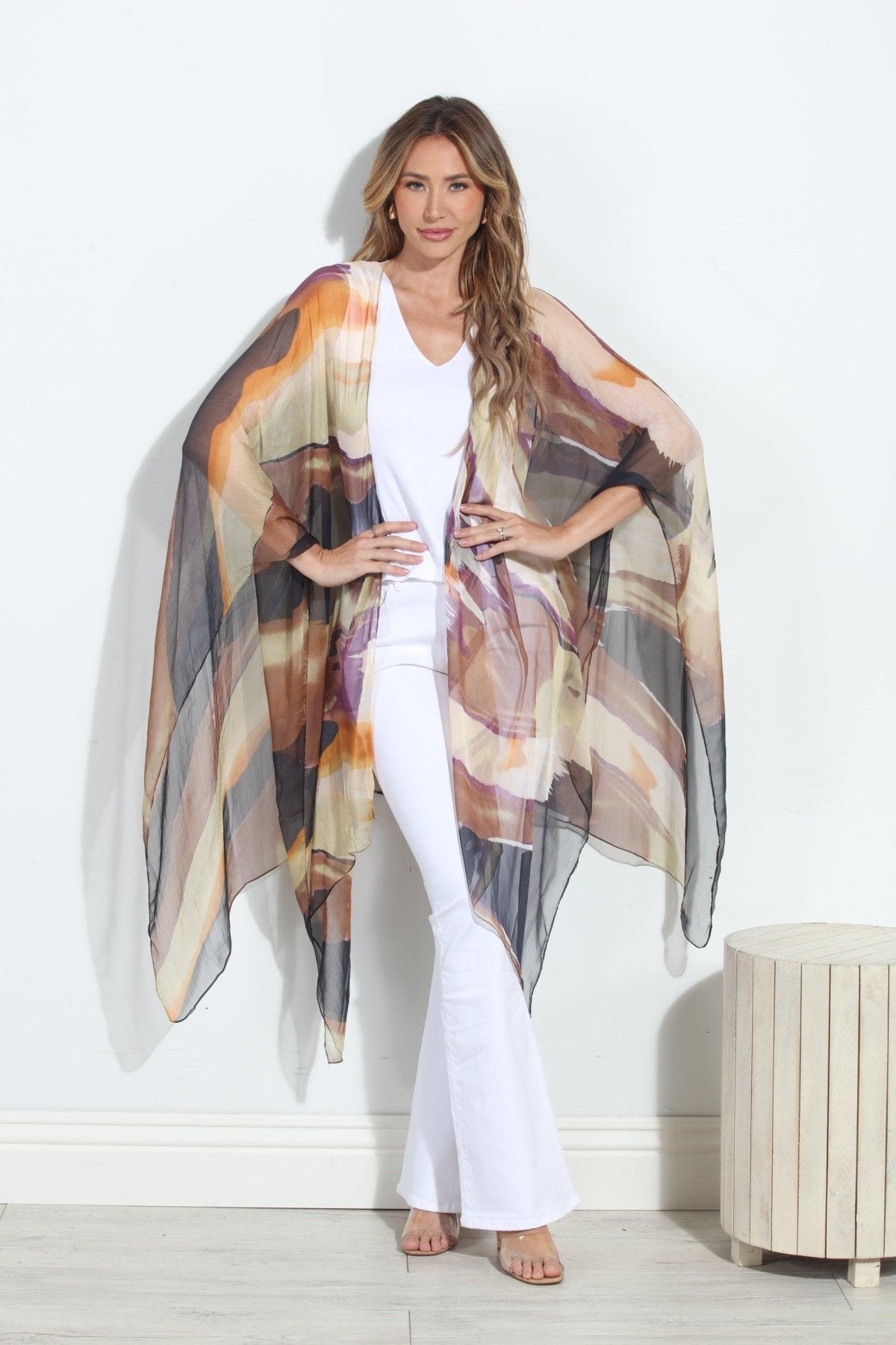 1970s Printed Chiffon Cover Up Cape Poncho