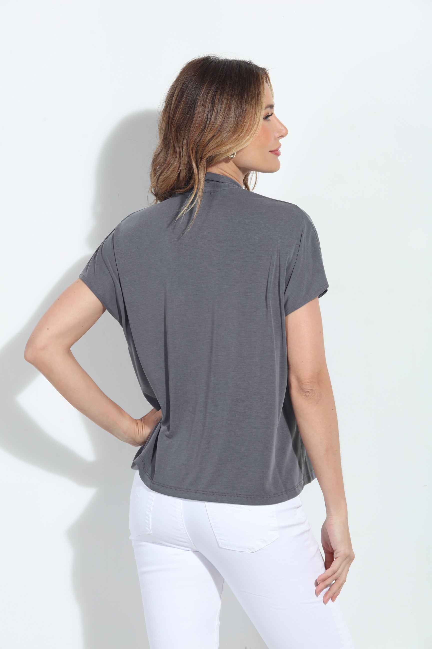 Charcoal Cupro V-Neck Tee