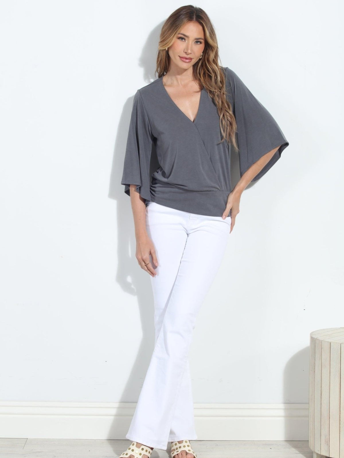 Charcoal Cupro Stretch Banded Kimono Top