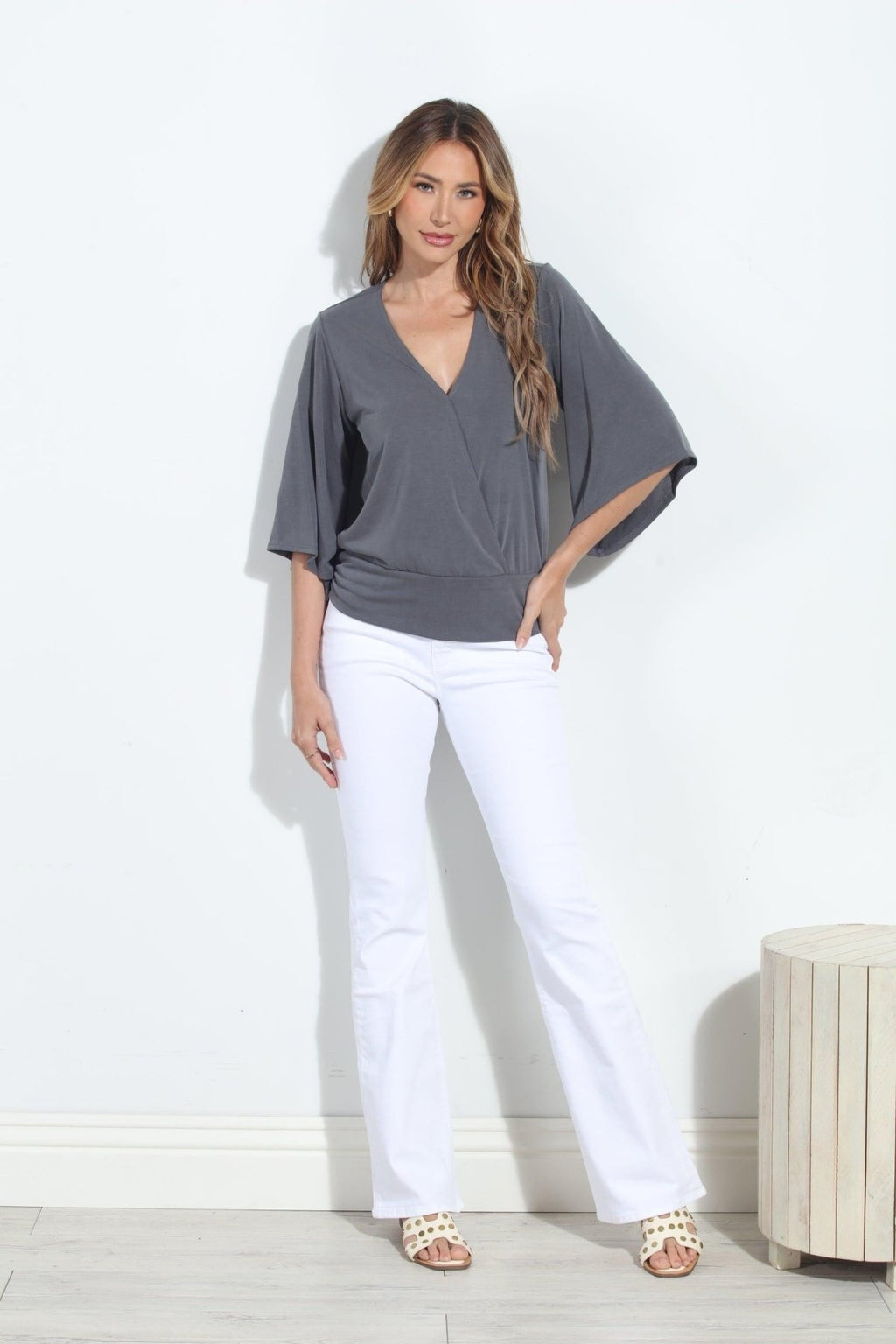 Charcoal Cupro Stretch Banded Kimono Top