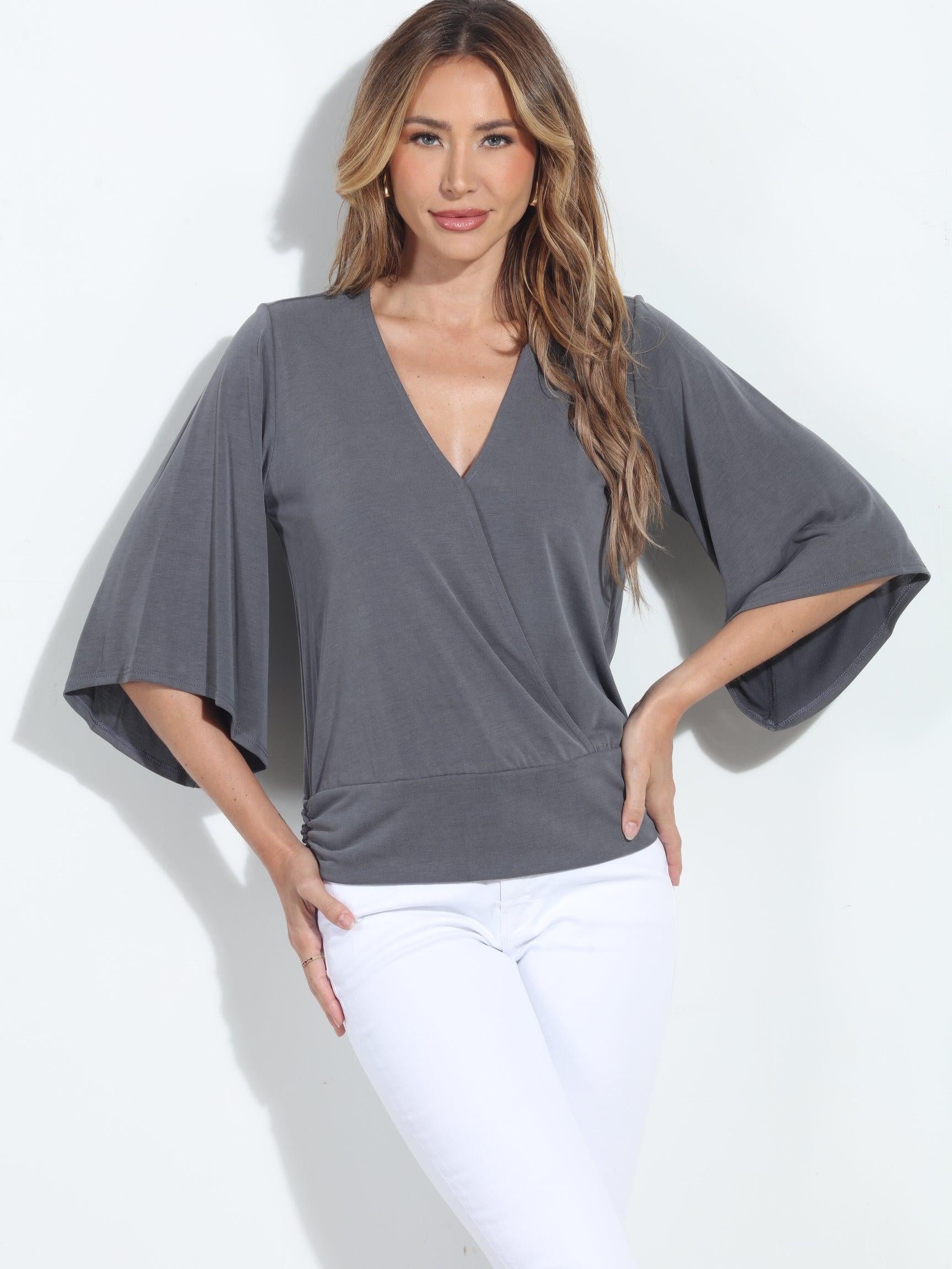 Charcoal Cupro Stretch Banded Kimono Top