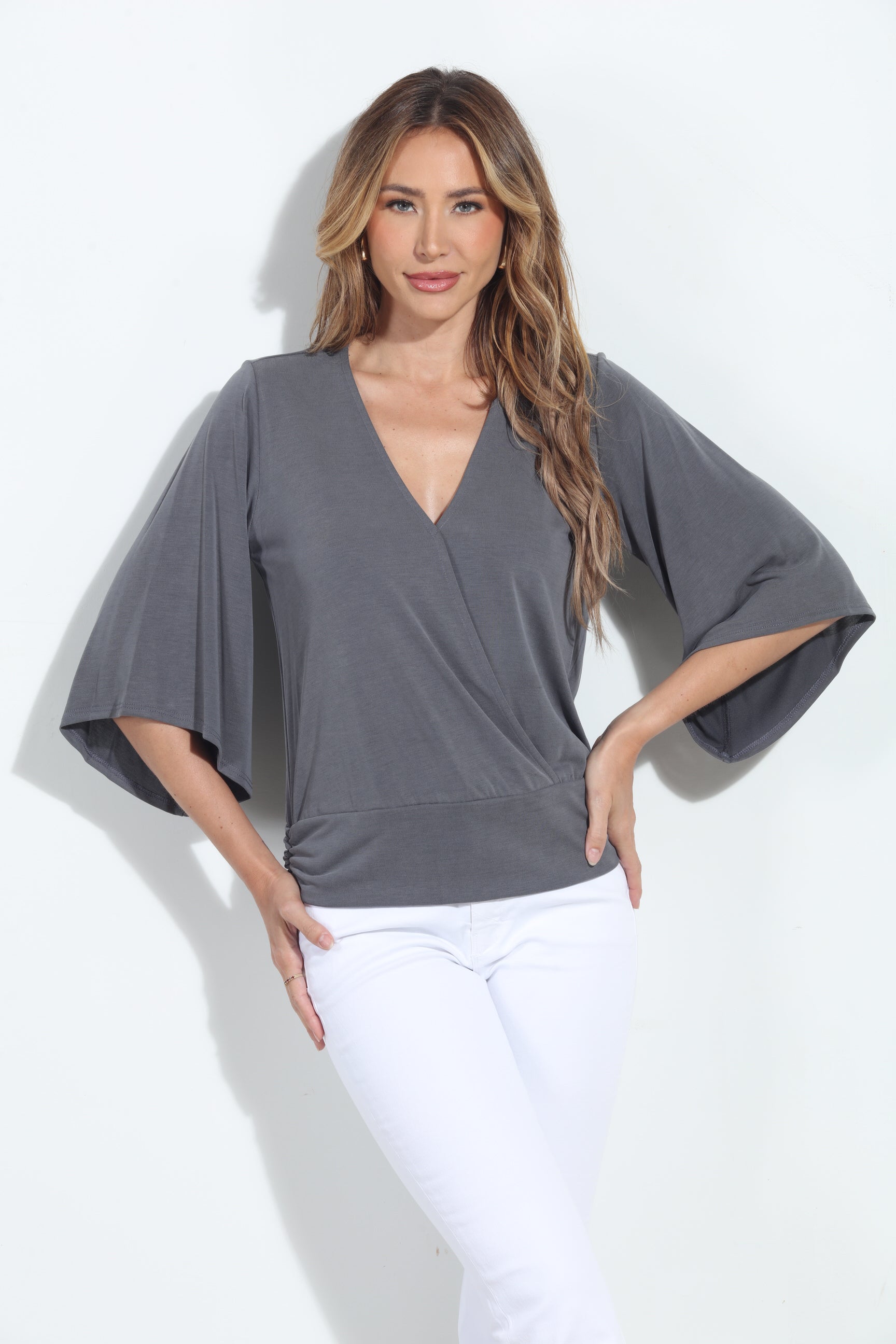 Charcoal Cupro Stretch Banded Kimono Top