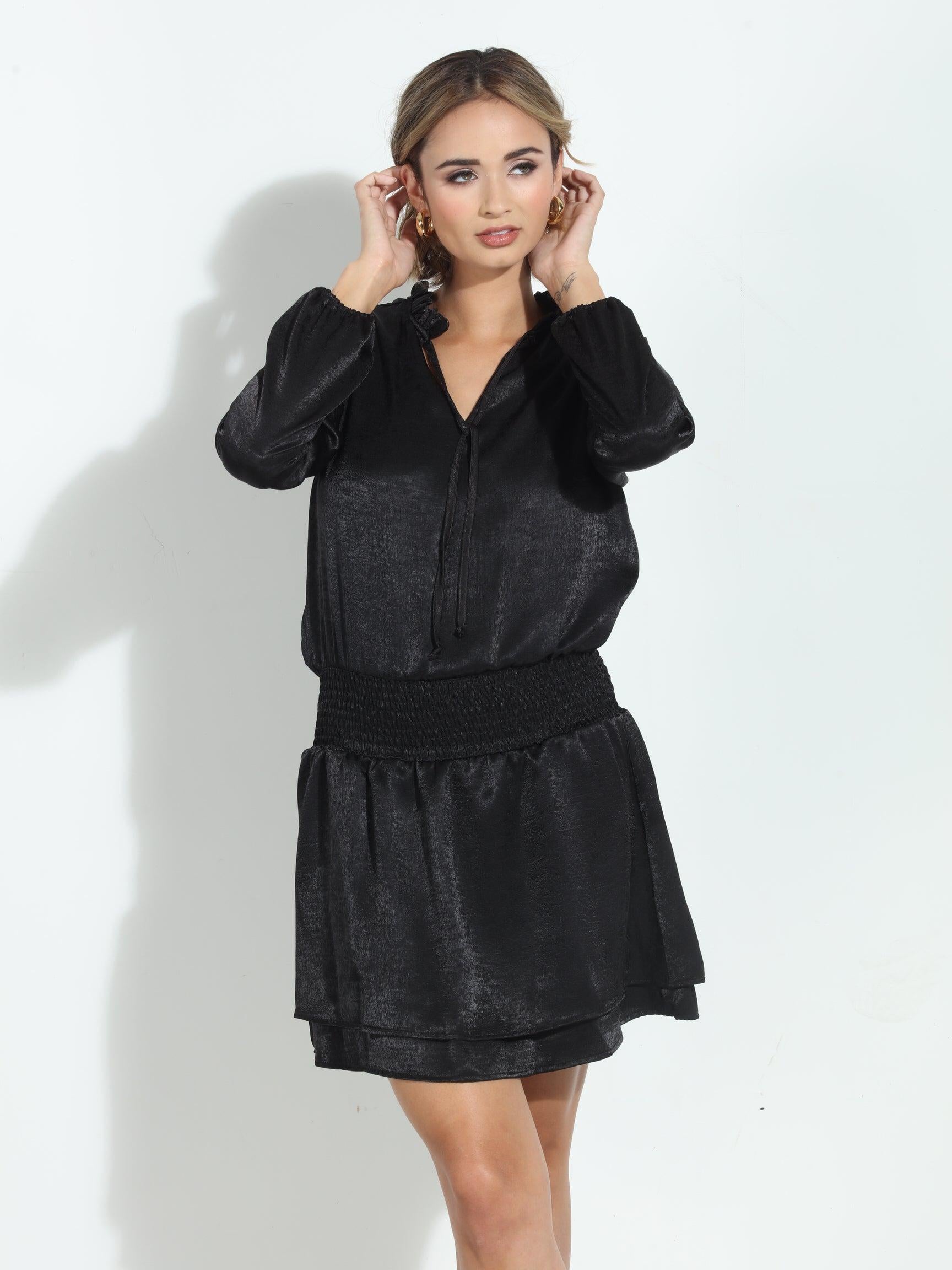 Black Heavy Satin Smocked Dress