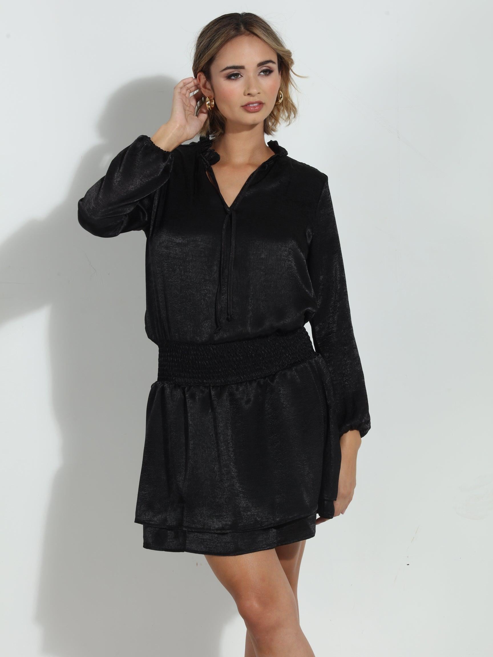 Black Heavy Satin Smocked Dress