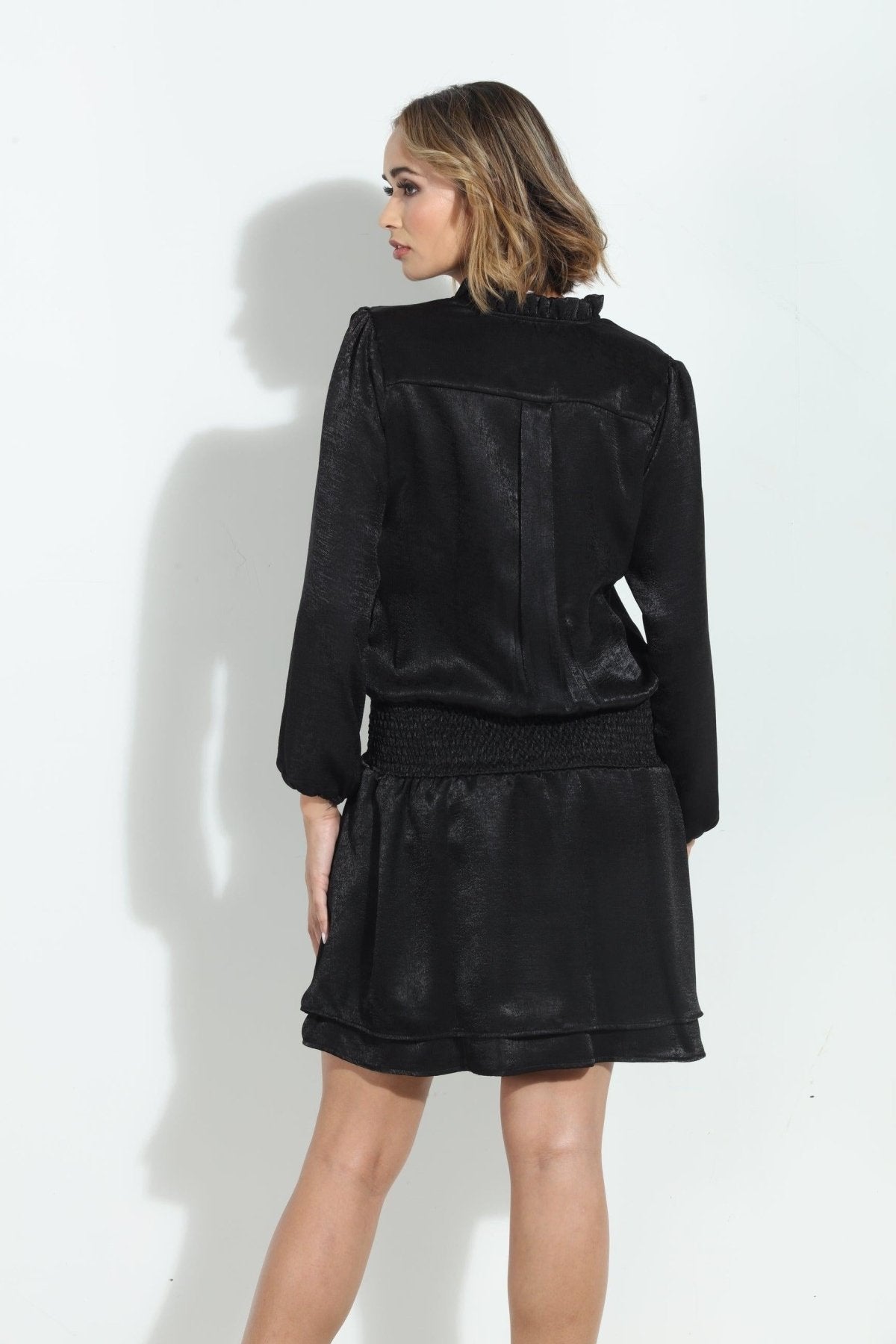 Black Heavy Satin Smocked Dress