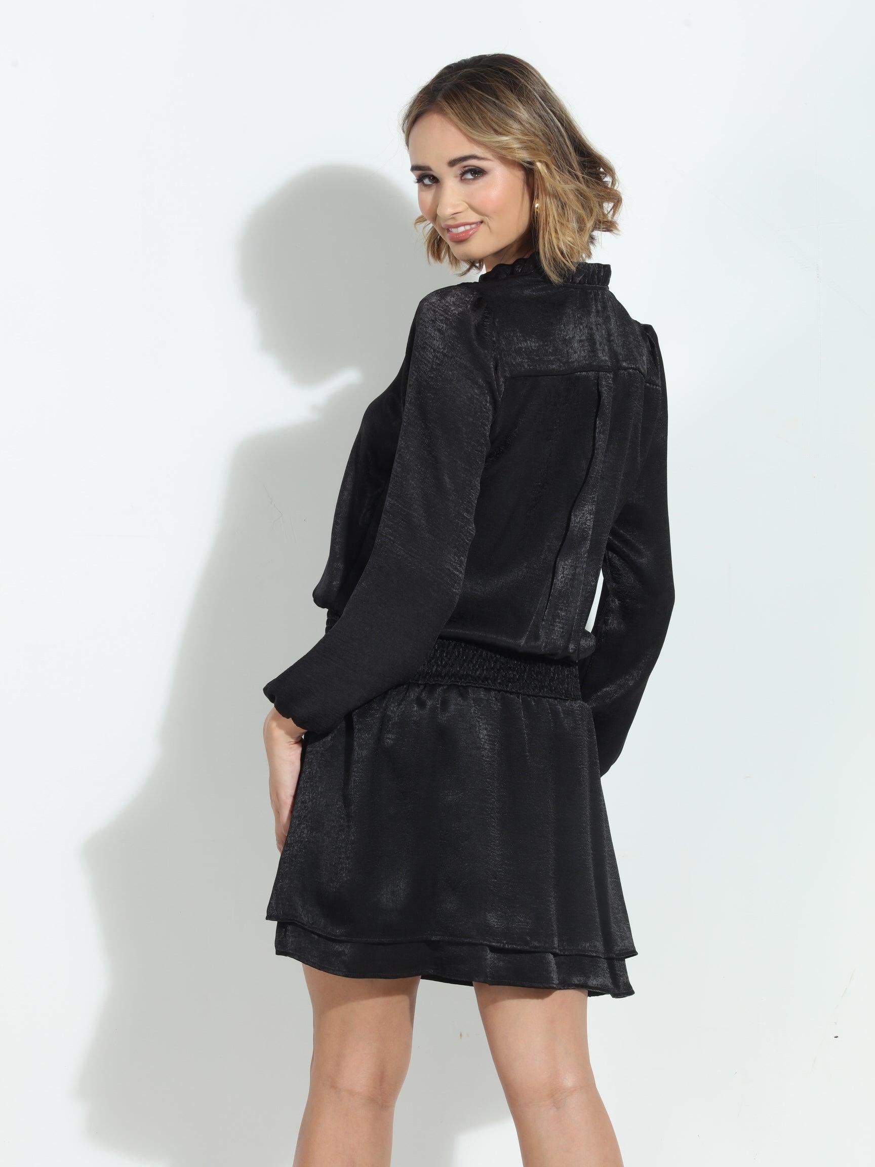 Black Heavy Satin Smocked Dress