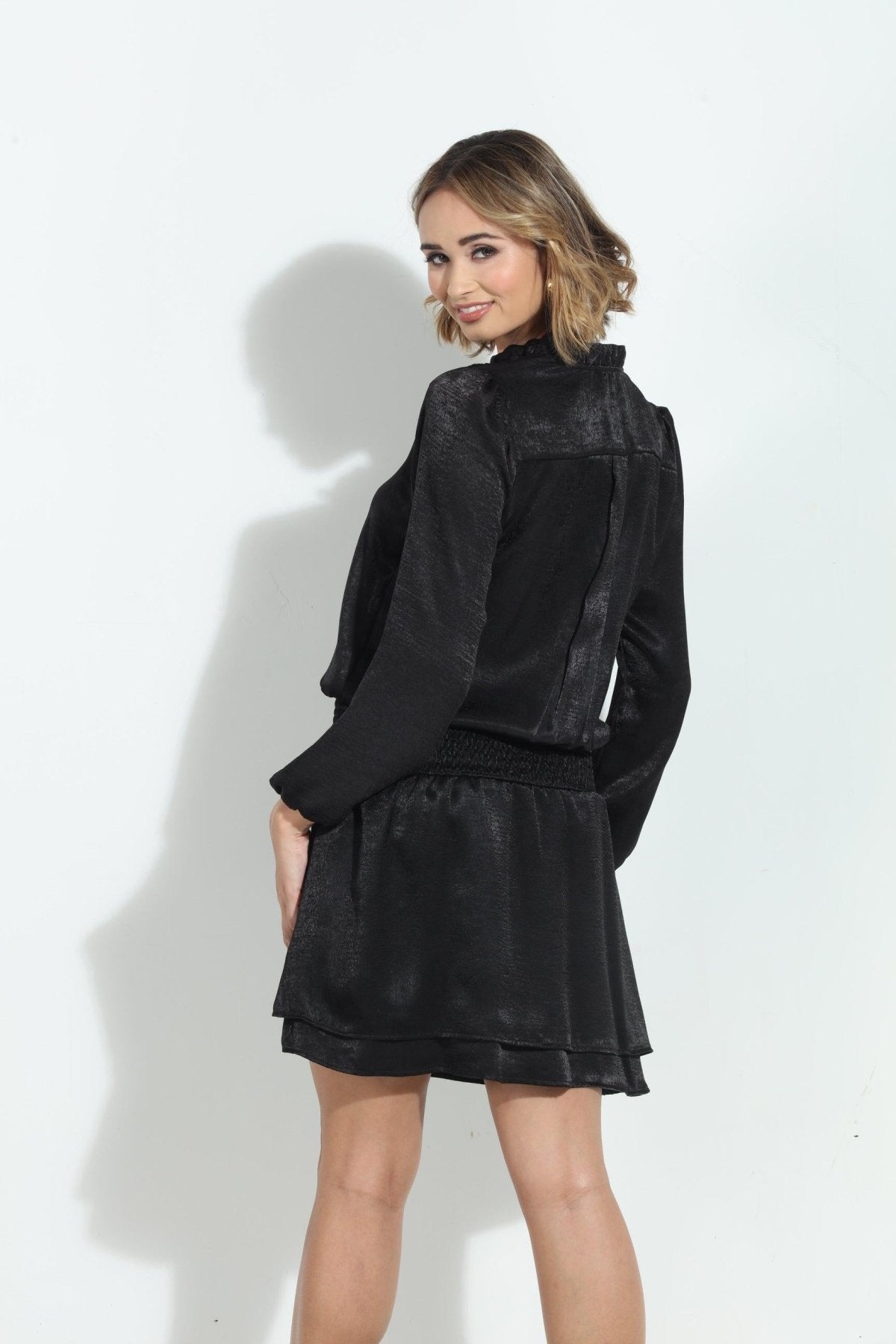 Black Heavy Satin Smocked Dress