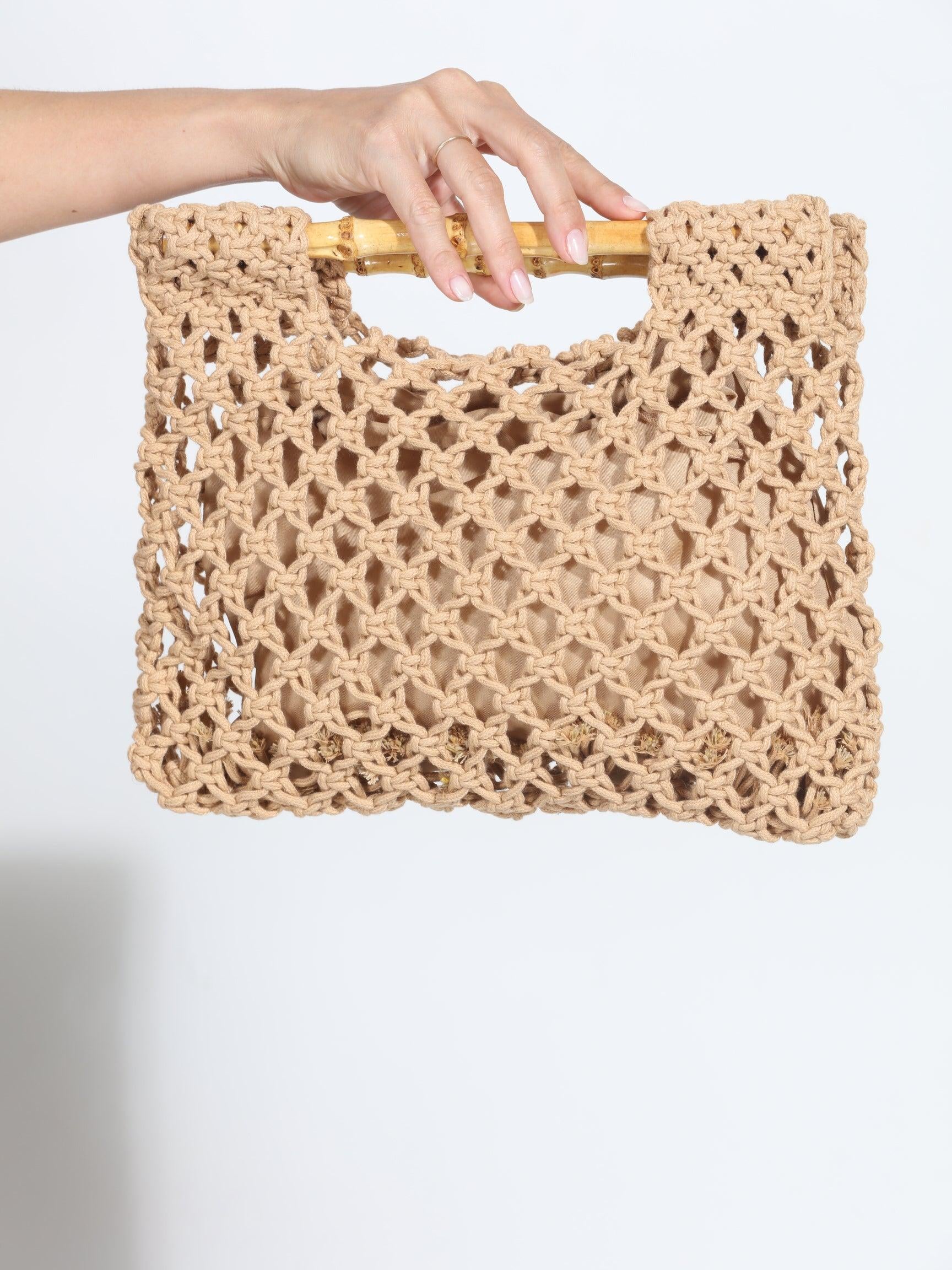 Khaki Straw Bamboo Handle Bag