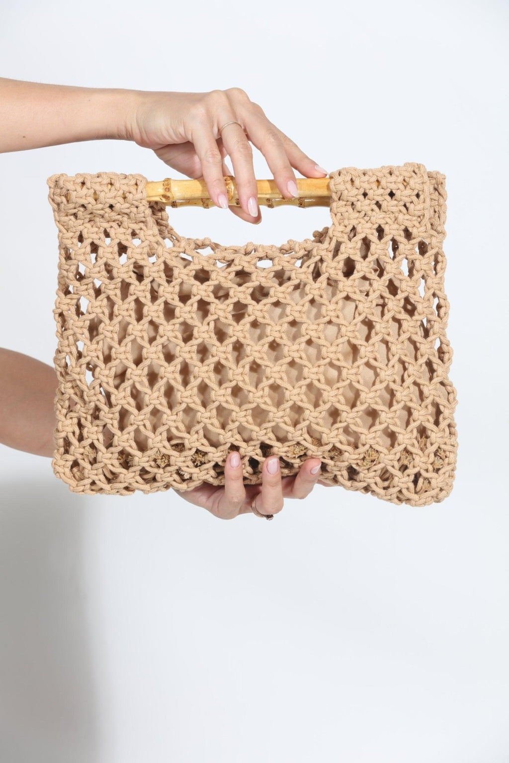 Khaki Straw Bamboo Handle Bag