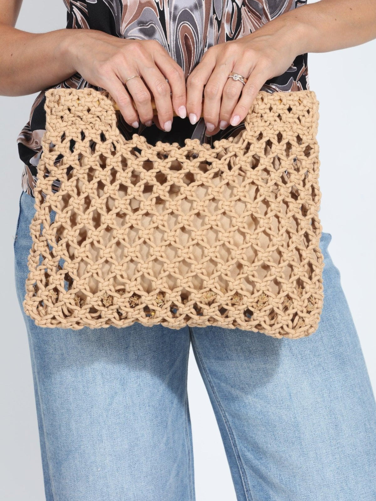 Khaki Straw Bamboo Handle Bag