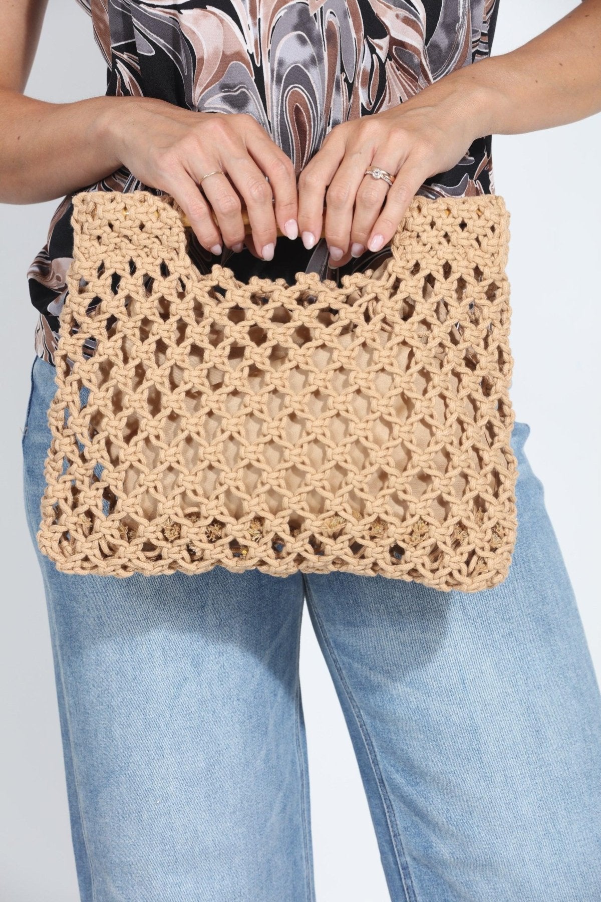 Khaki Straw Bamboo Handle Bag