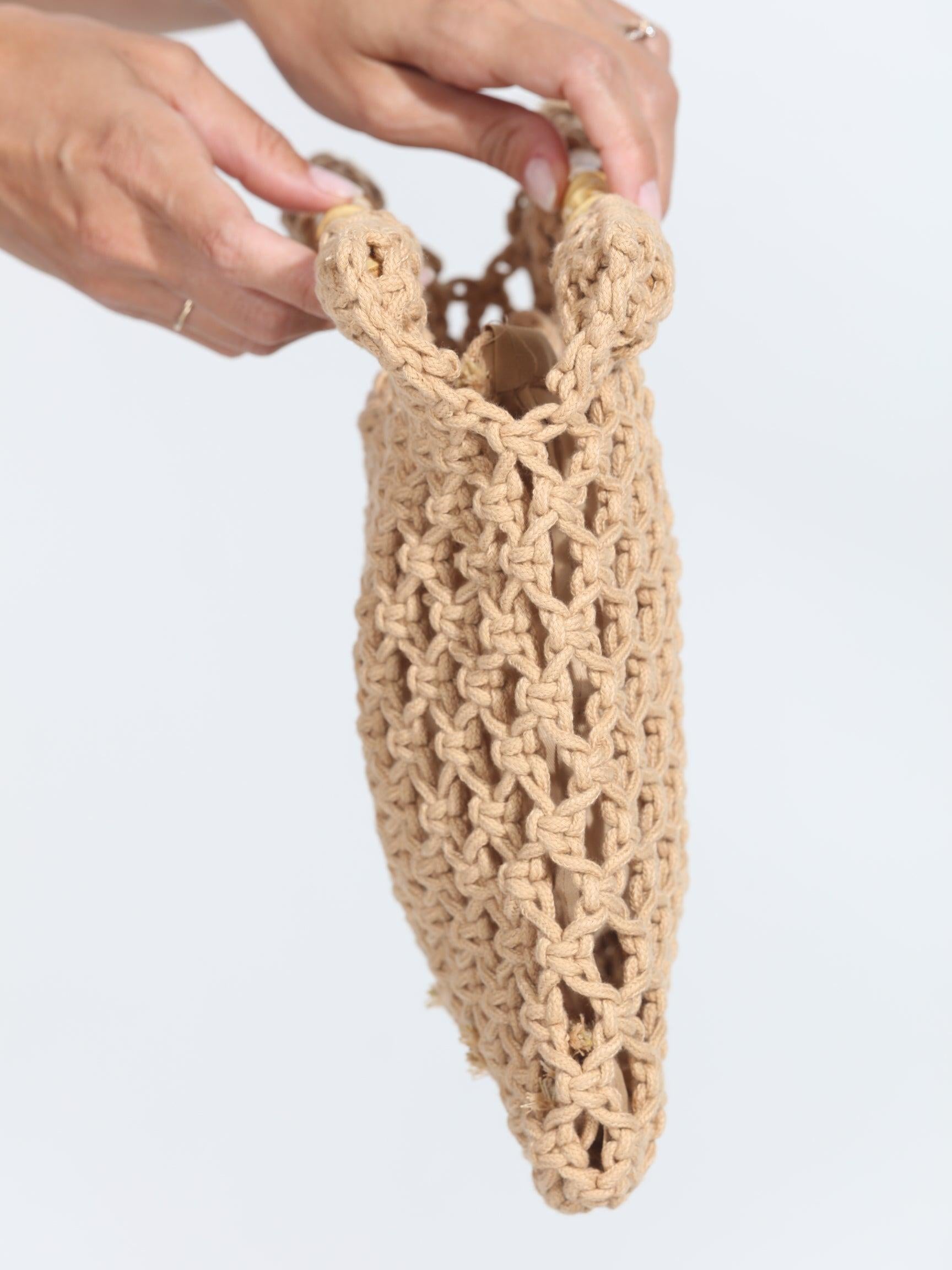 Khaki Straw Bamboo Handle Bag