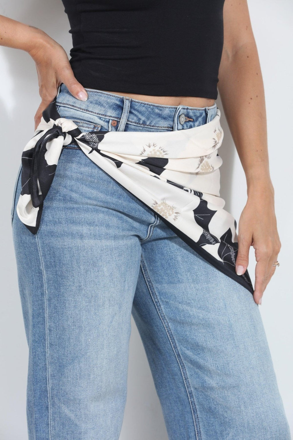 Ivory and Black Floral Silky Scarf