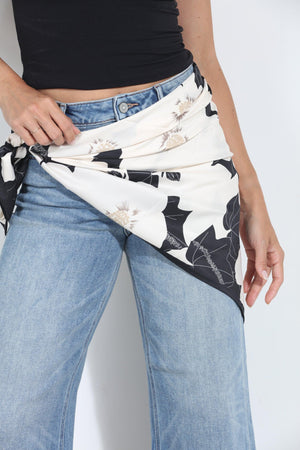 Ivory and Black Floral Silky Scarf