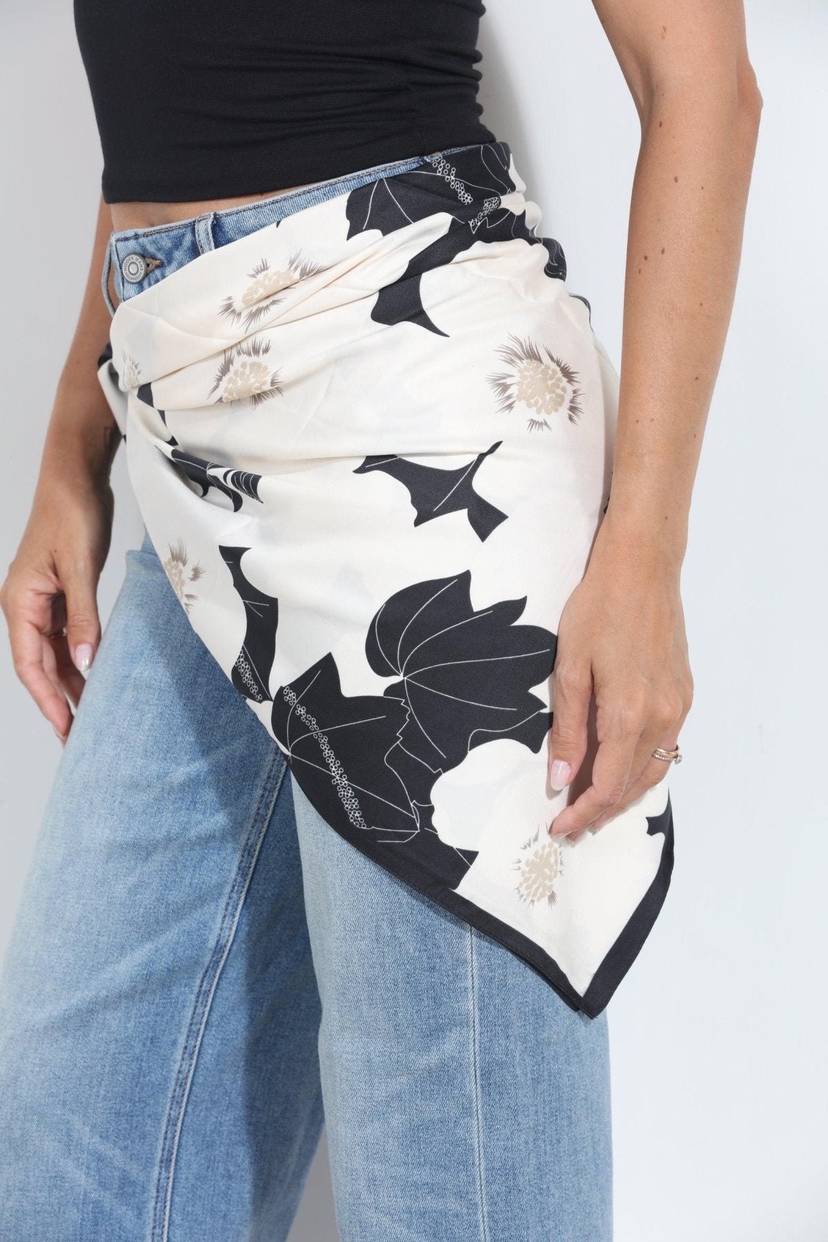 Ivory and Black Floral Silky Scarf