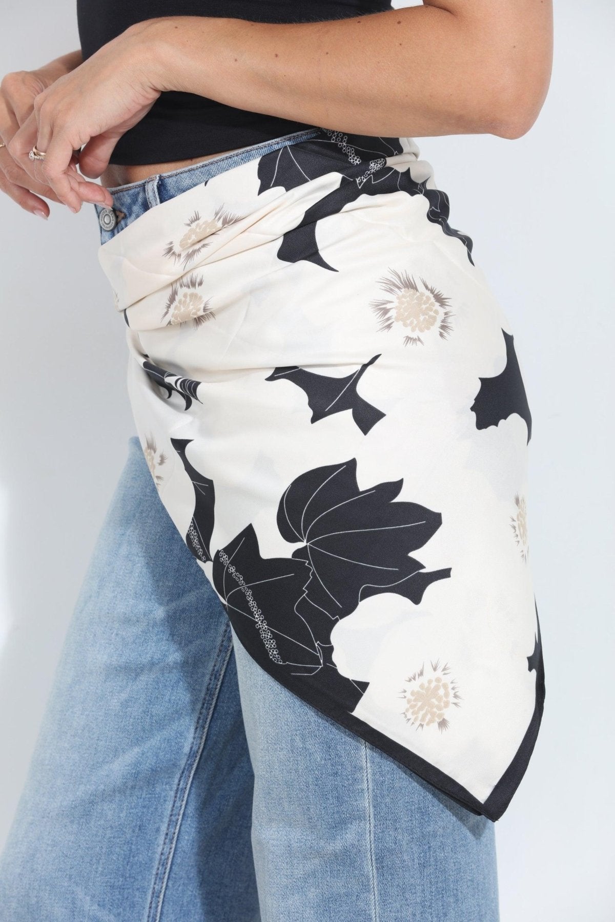 Ivory and Black Floral Silky Scarf